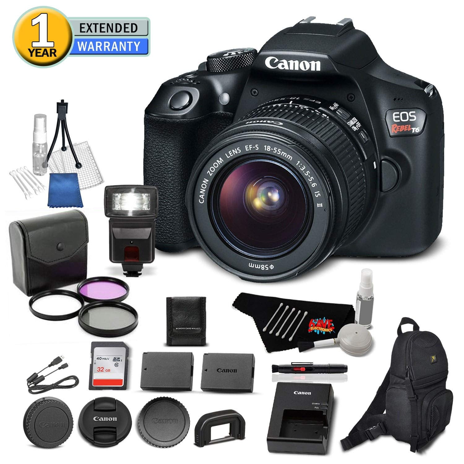 Canon EOS Rebel T6 Digital SLR Camera 1159C003 Bundle with 18-55mm f/3.5-5.6 is II Lens with 32GB Memory Card + Filter K Canon