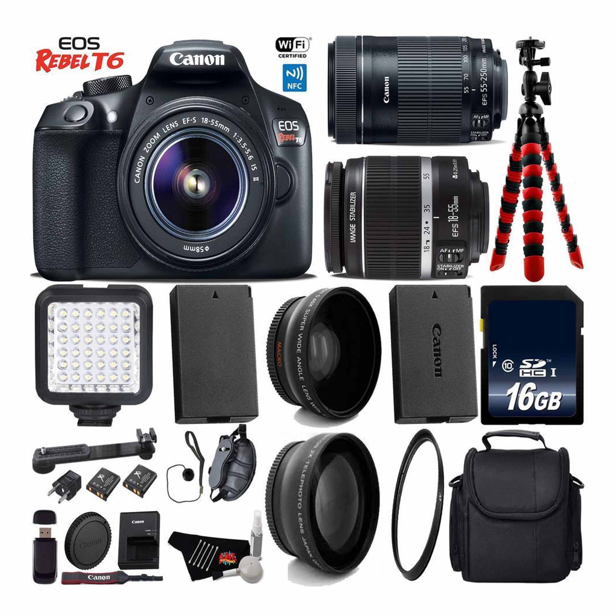 Canon EOS Rebel T6 DSLR Camera with 18-55mm is Lens & 55-250mm is STM Lens + LED + UV FLD CPL Filter Kit Base Bundle Canon