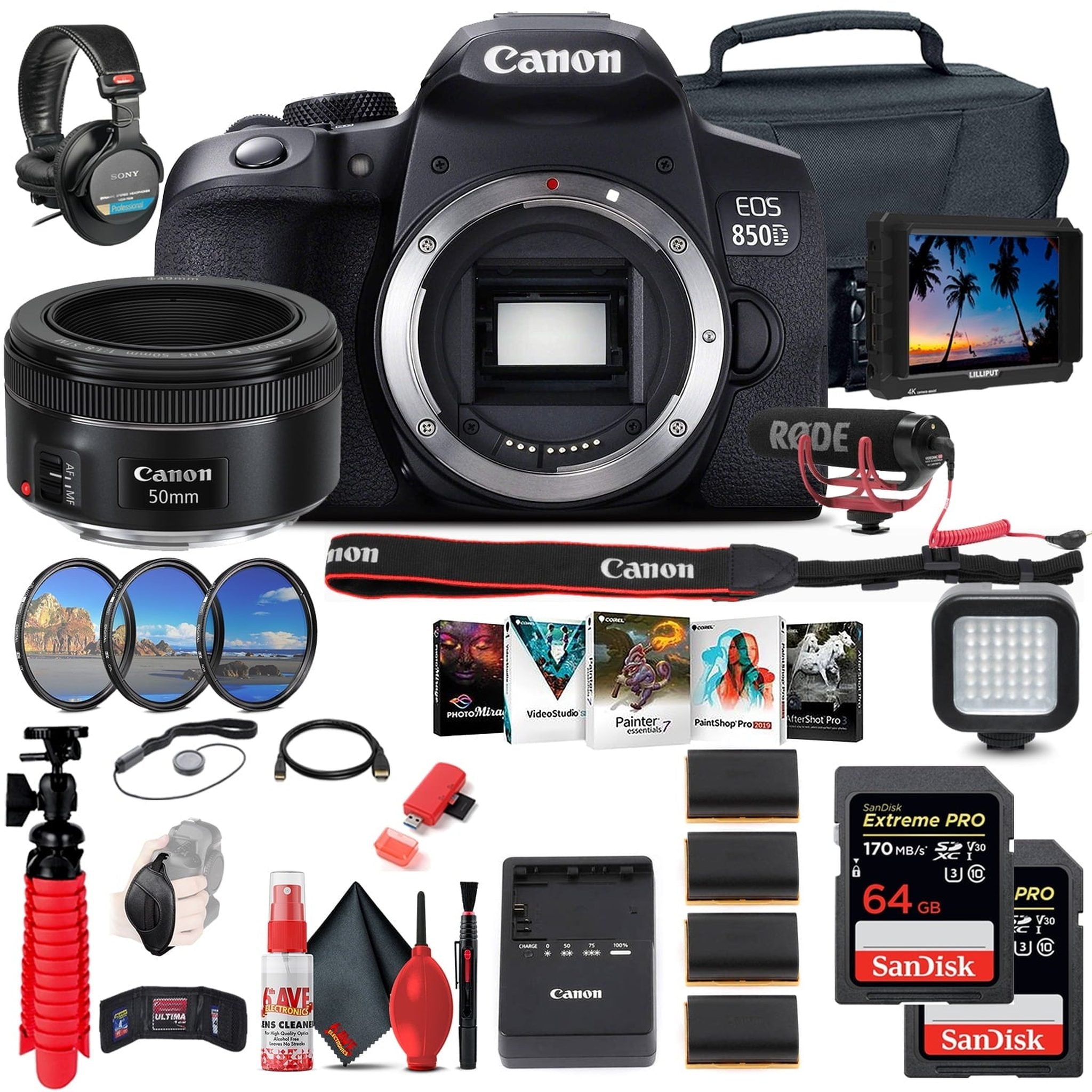 Canon EOS Rebel 850D / T8i DSLR Camera Body Only + 4K Monitor + Canon EF 50mm Canon