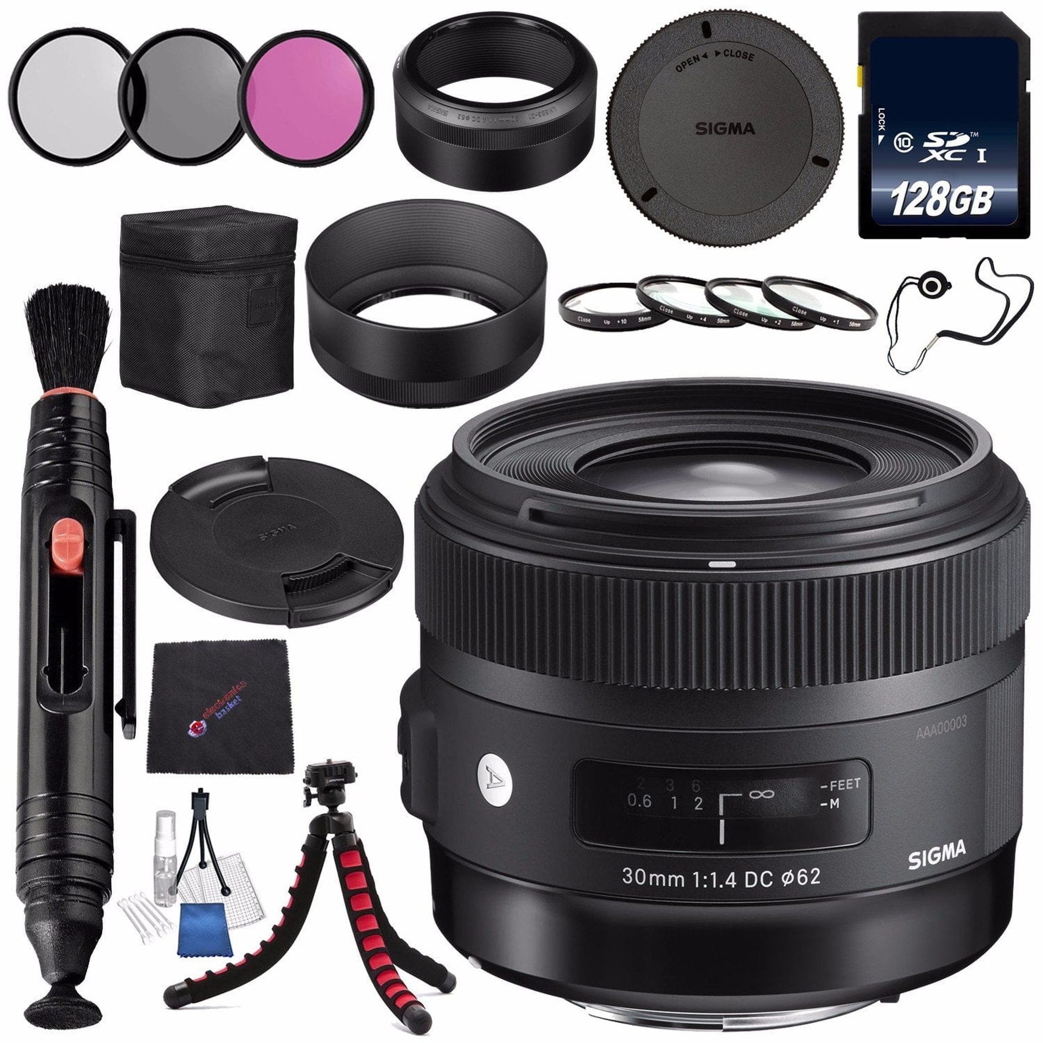 Sigma 30mm f/1.4 DC HSM Art Lens for Nikon #301306 + 62mm 3 Piece Filter Kit + 128GB SDXC Memory Card + Lens Pen Cleaner Bundle Sigma