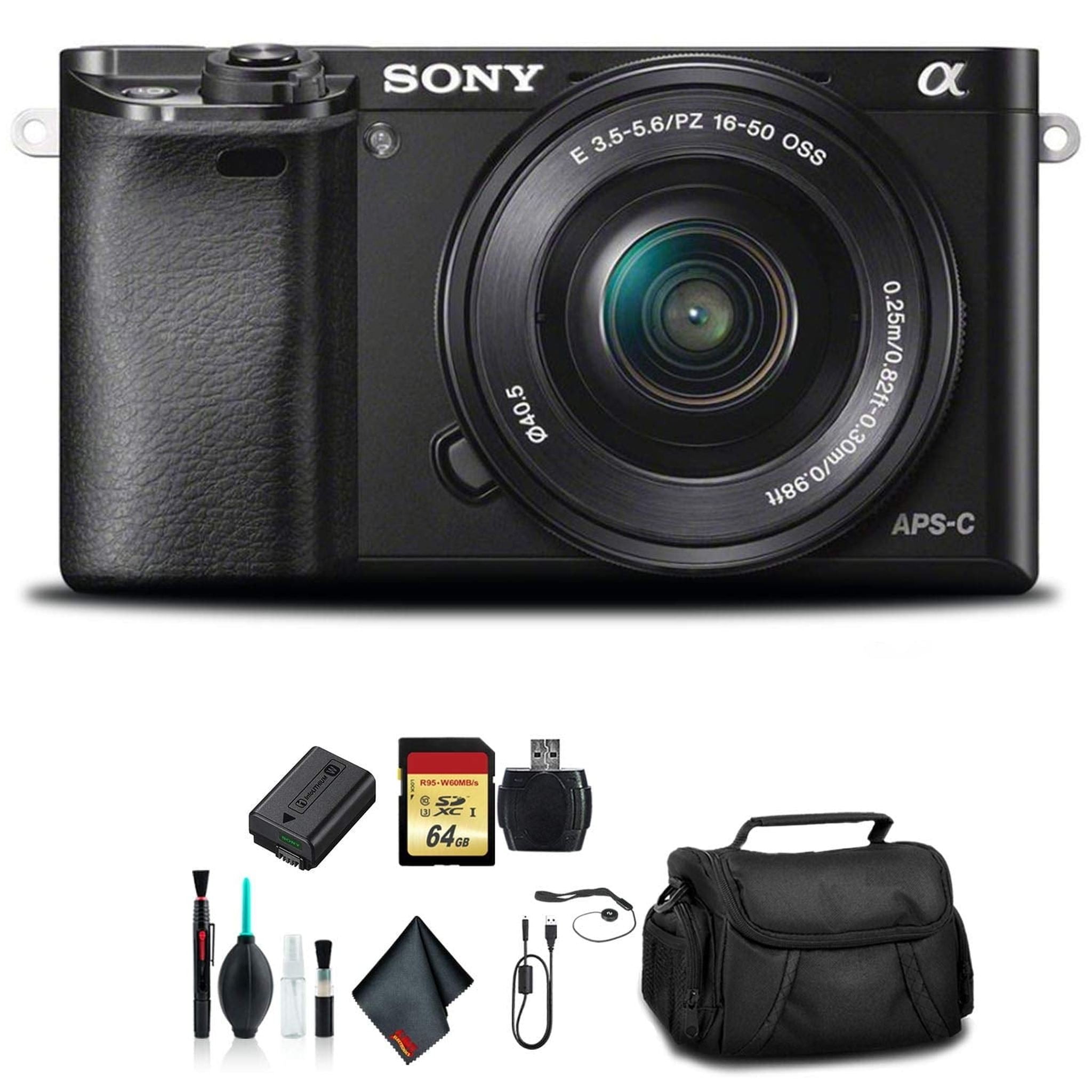 Sony Alpha a6000 Mirrorless Camera with 16-50mm Lens Black With Soft Bag, 64GB Memory Card, Card Reader , Plus Essential Accessories Sony