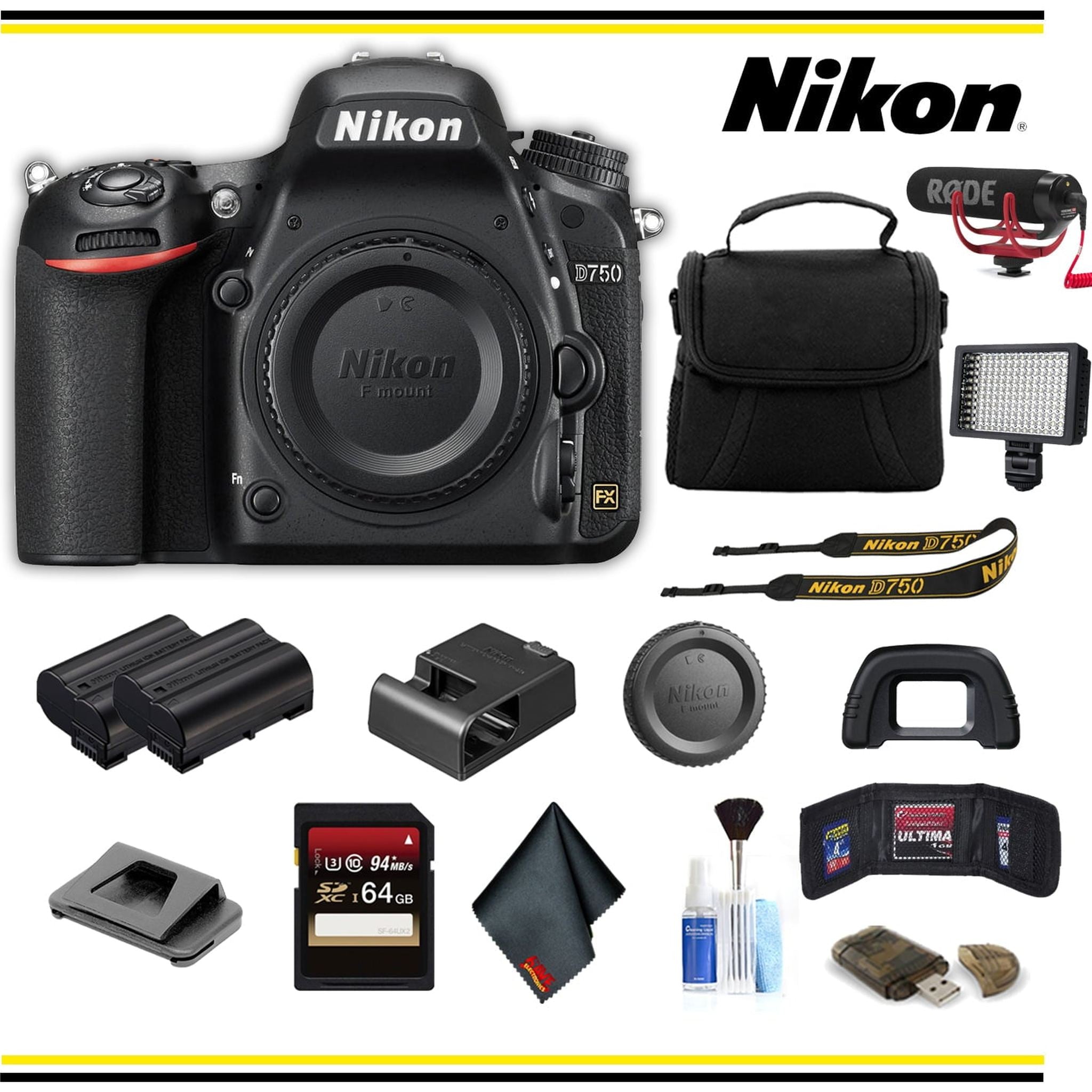 Nikon D750 DSLR Camera 1543 Advanced Bundle W/ Bag, Extra Battery, LED Light, Mic, and More- International Model Nikon