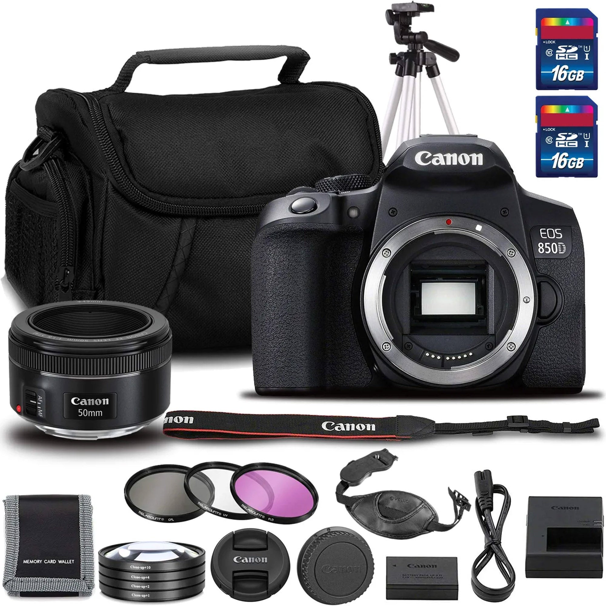 Canon EOS 850D DSLR Camera with 50mm F 1.8 STM Lens Intl Model + Filter Kits + Full Size Tripod + Memory Kit + More Canon