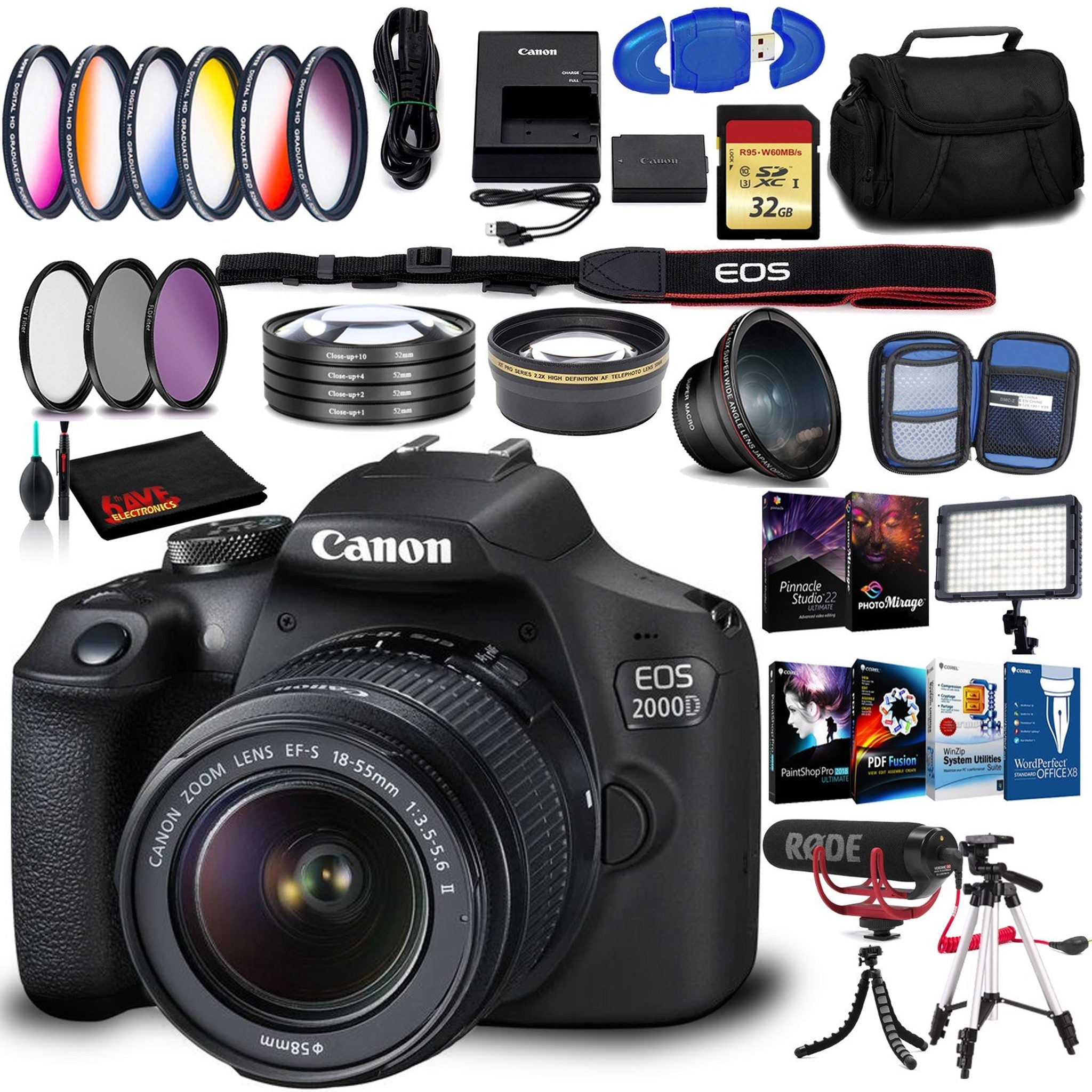 Canon EOS 2000D DSLR with EF-S 18-55mm f/3.5-5.6 IS II Lens Intl Model with 32GB Memory Kit, LED Light, Mic, and More Canon