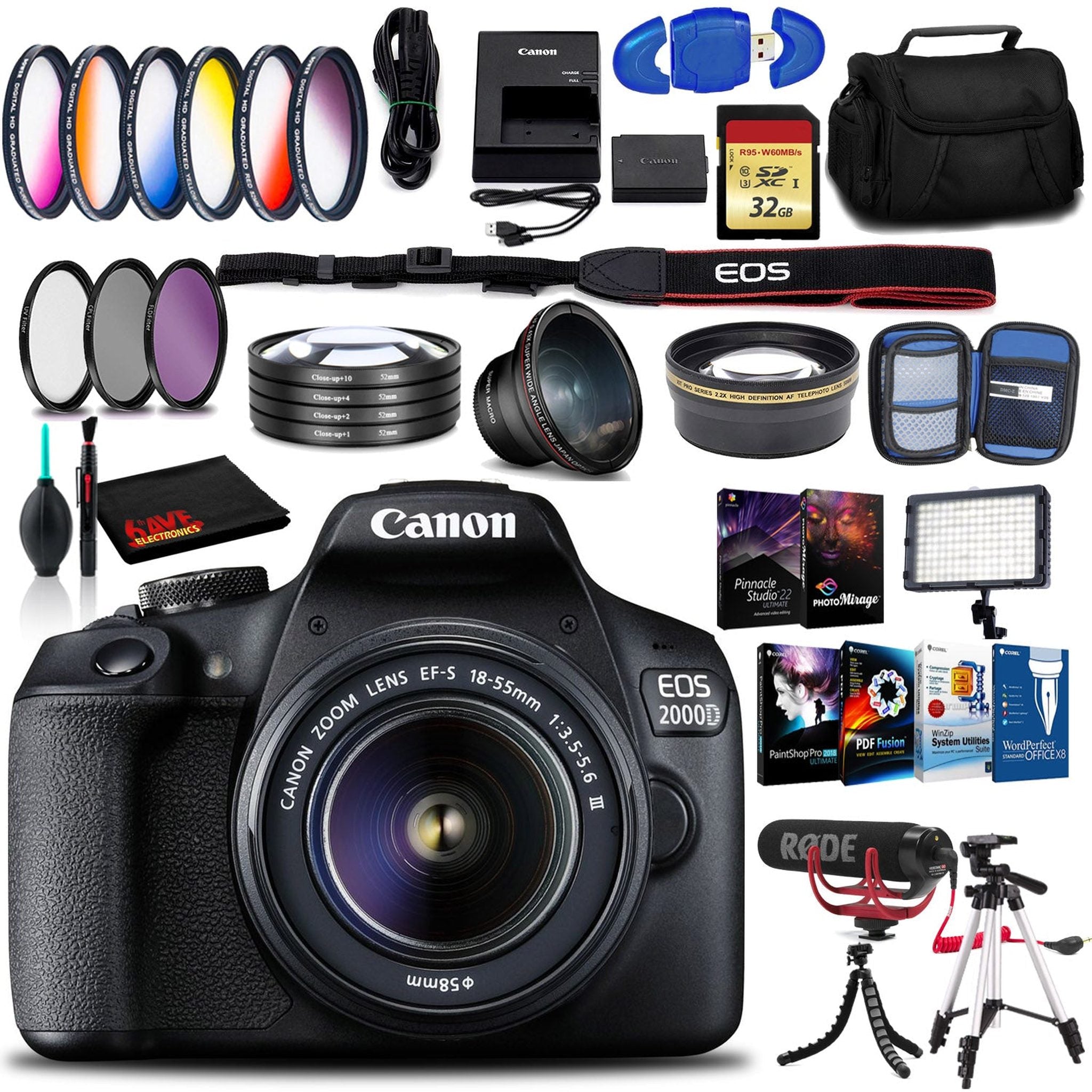 Canon EOS 2000D DSLR Camera with EF-S 18-55 mm f/3.5-5.6 III Lens Intl Model with Memory Kit, Mic, LED Light, and More Canon