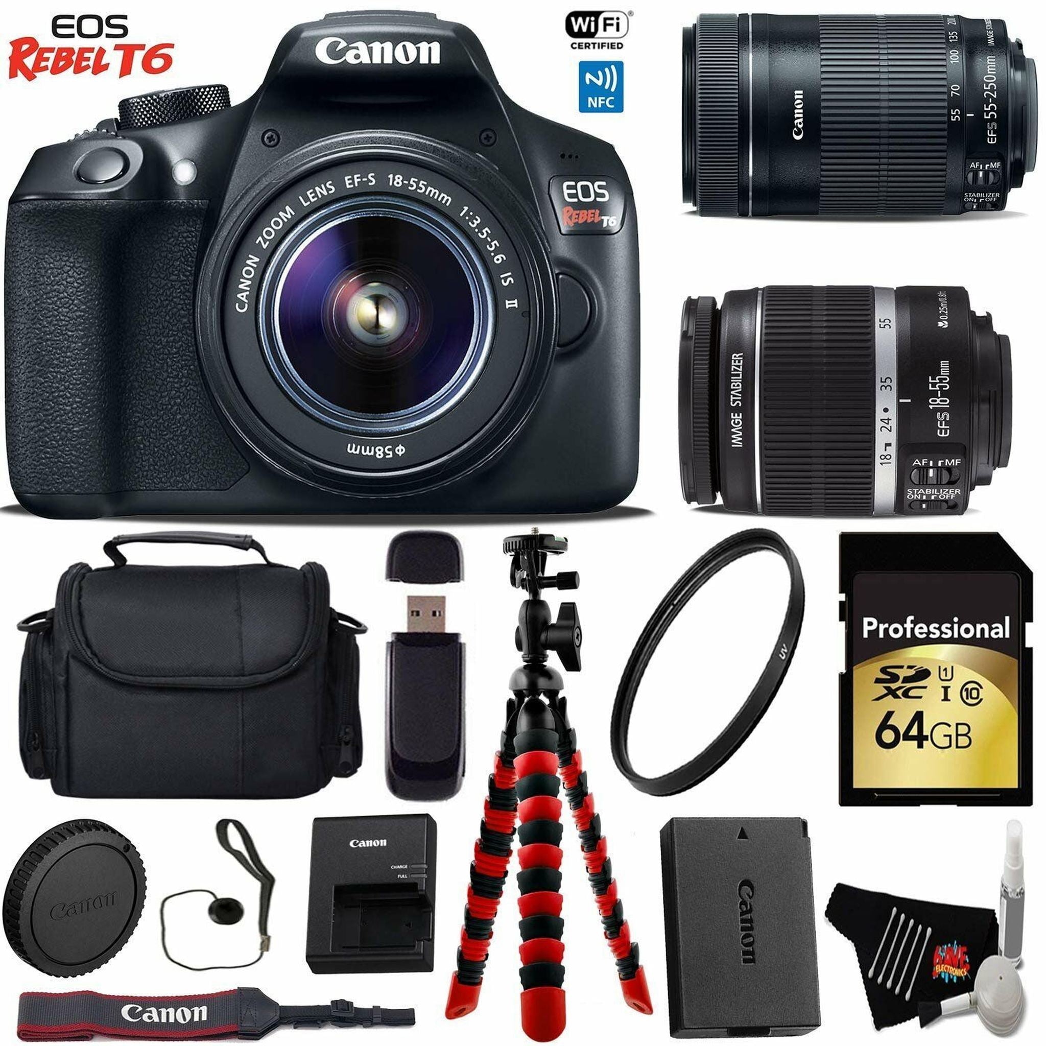 Canon EOS Rebel T6 DSLR Camera 18-55mm is Lens & 55-250mm is STM Lens + Flexible Tripod + UV Protection Filter + Profess Canon