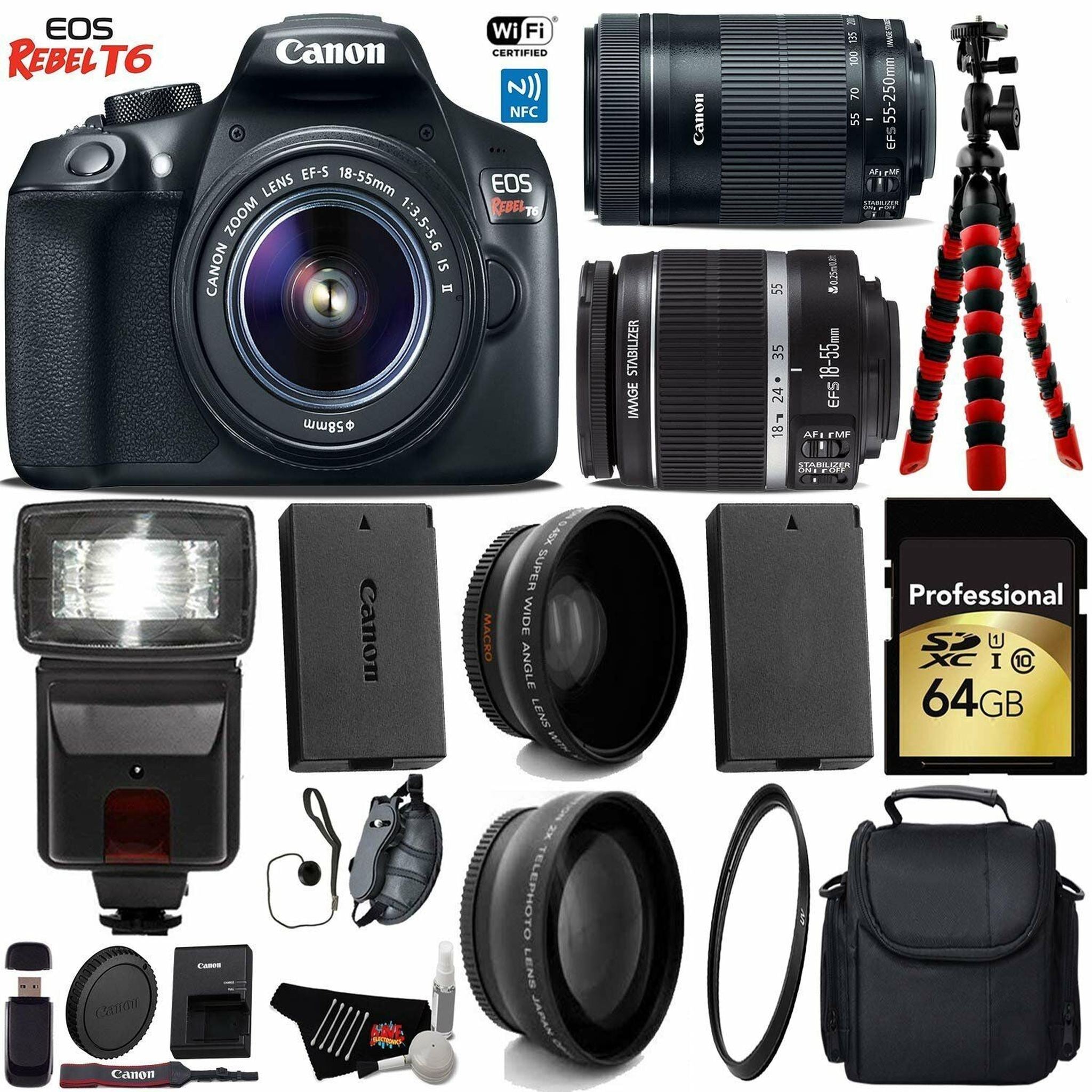 Canon EOS Rebel T6 DSLR Camera 18-55mm is Lens & 55-250mm is STM Lens + Flash + UV FLD CPL Filter Kit + Wide Angle & Tel Canon