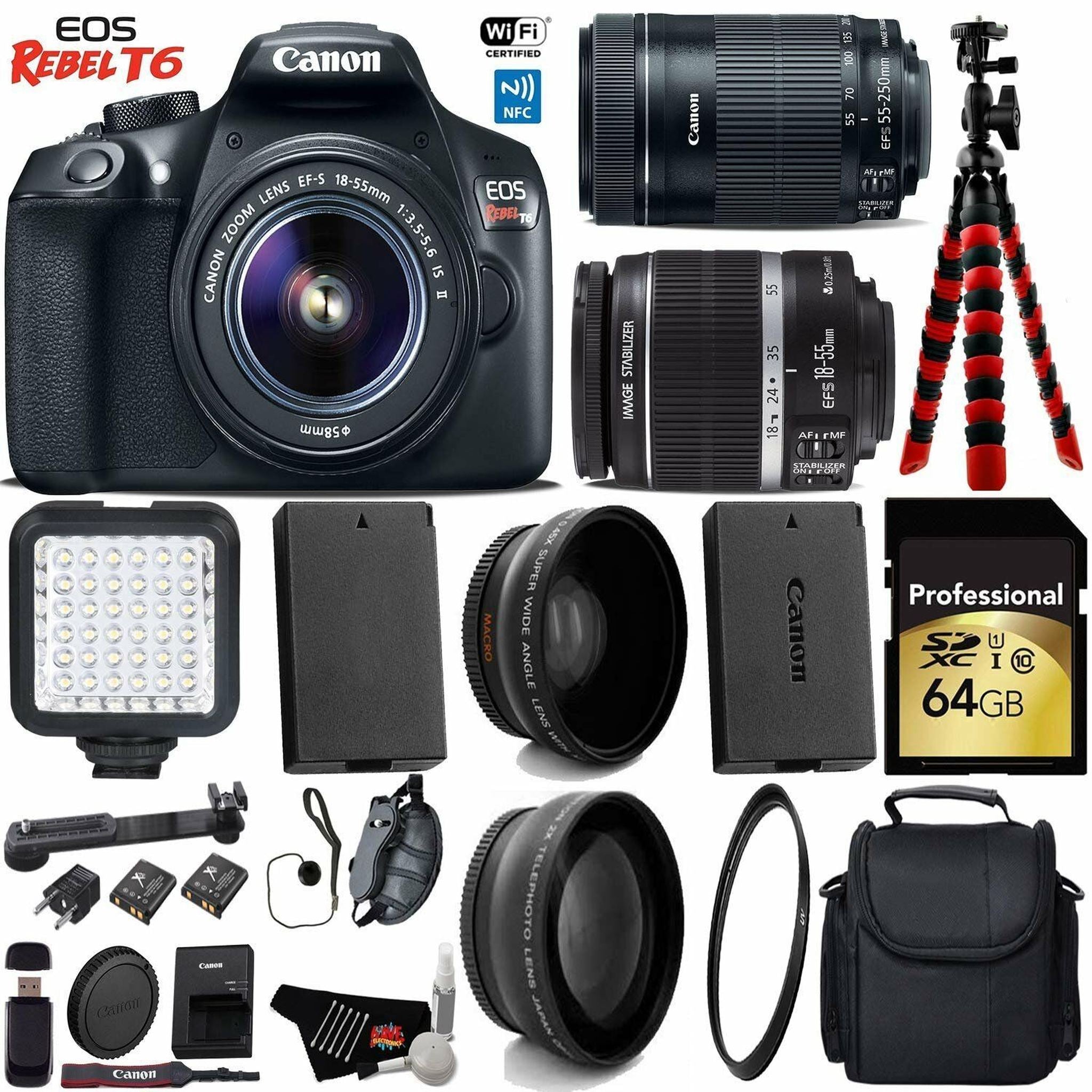 Canon EOS Rebel T6 DSLR Camera 18-55mm is Lens & 55-250mm is STM Lens + LED + UV FLD CPL Filter Kit + Wide Angle & Telep Canon