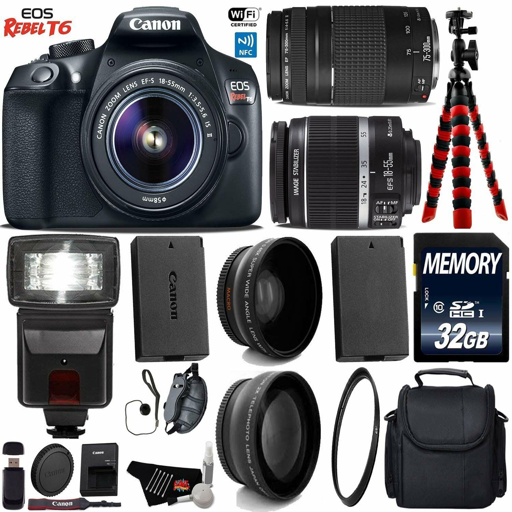 Canon EOS Rebel T6 DSLR Camera 18-55mm is II Lens & 75-300mm III Lens + Flash + UV FLD CPL Filter Kit Starter Bundle Canon