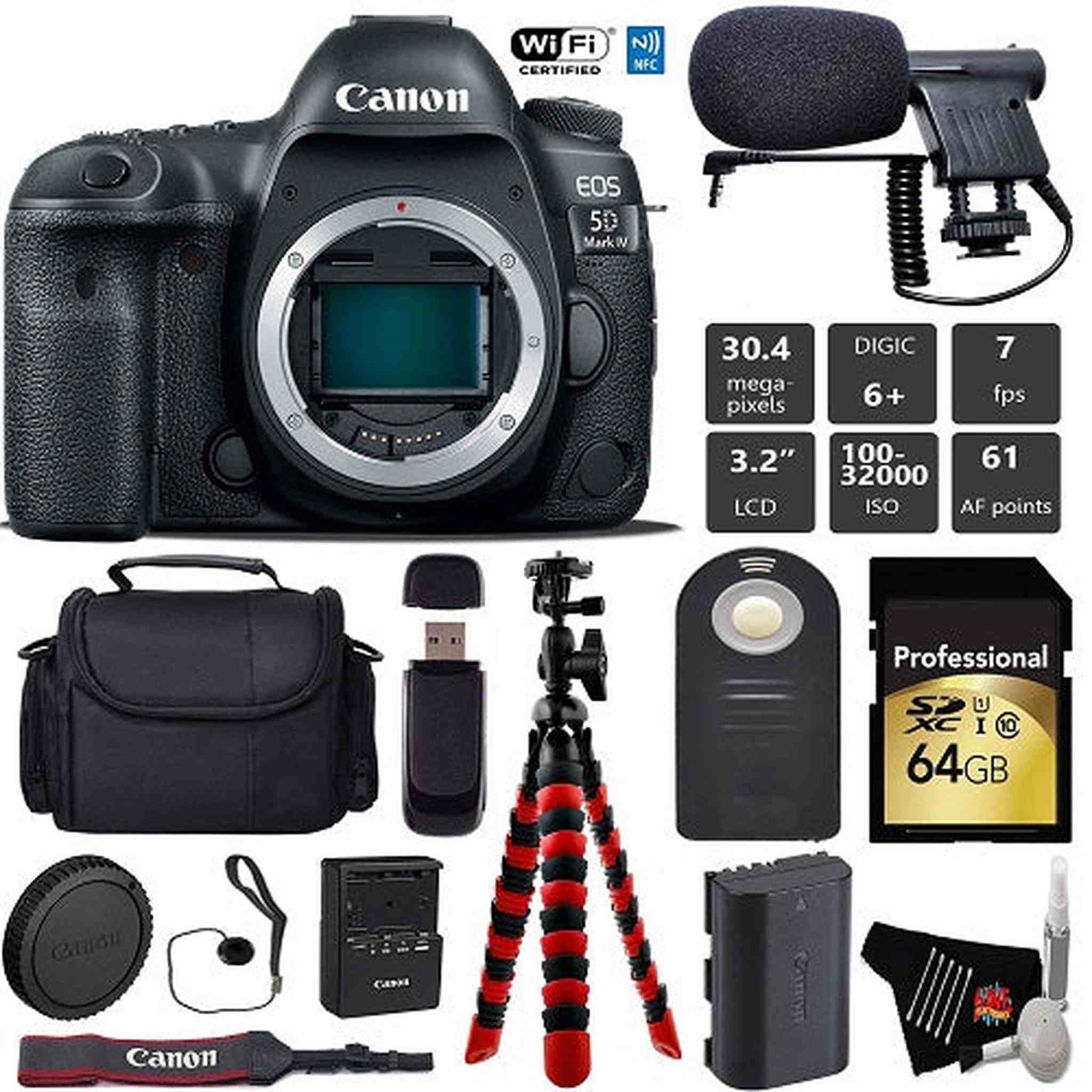 Canon EOS 5D Mark IV DSLR Camera Body Only + Wireless Remote + Condenser Microphone + Case + Wrist Strap + Tripod Pro Bundle Canon