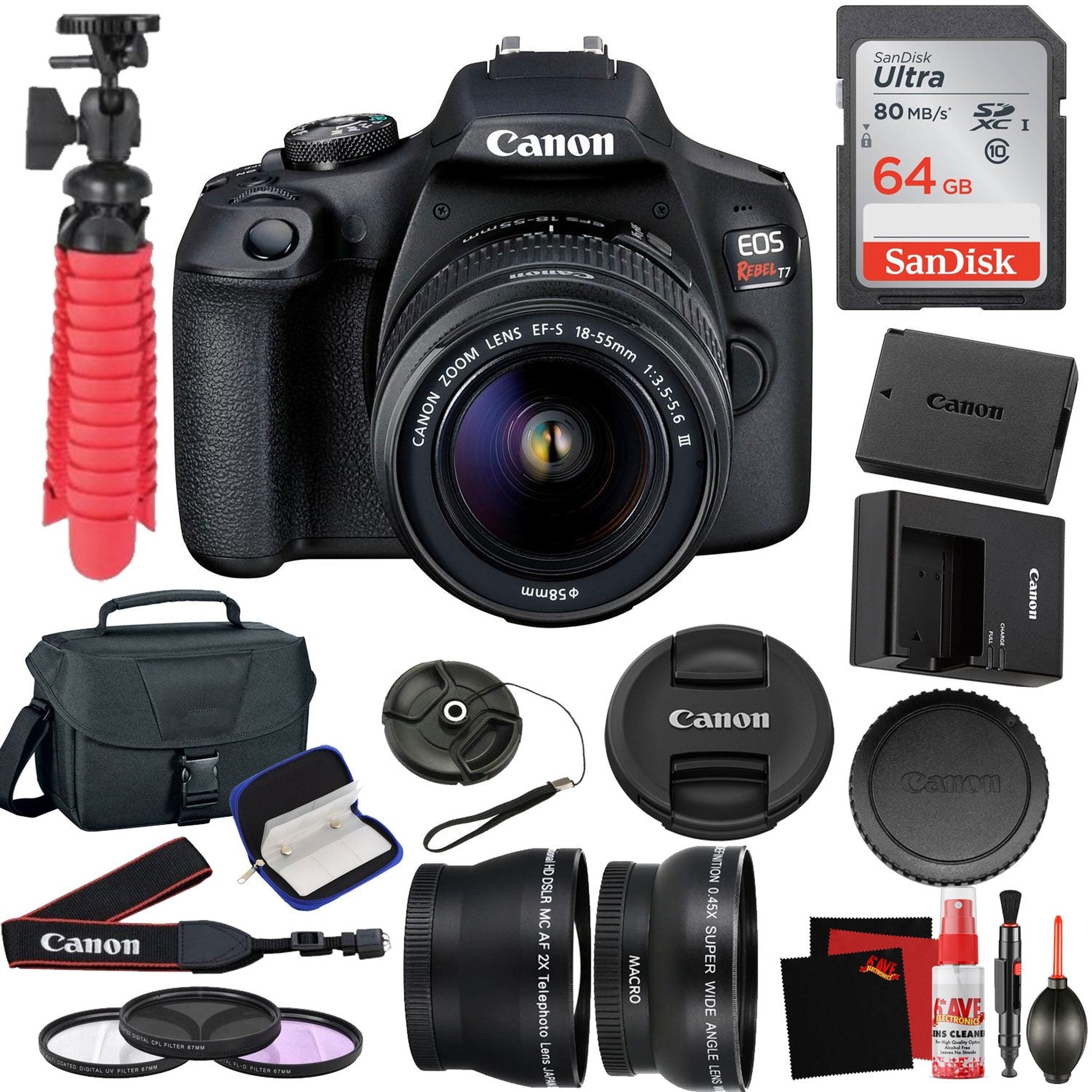 Canon EOS Rebel T7 DSLR Camera with 18-55mm DC III Lens and 64GB Memory Card, Carrying Case, Filters, and More Accessories Canon