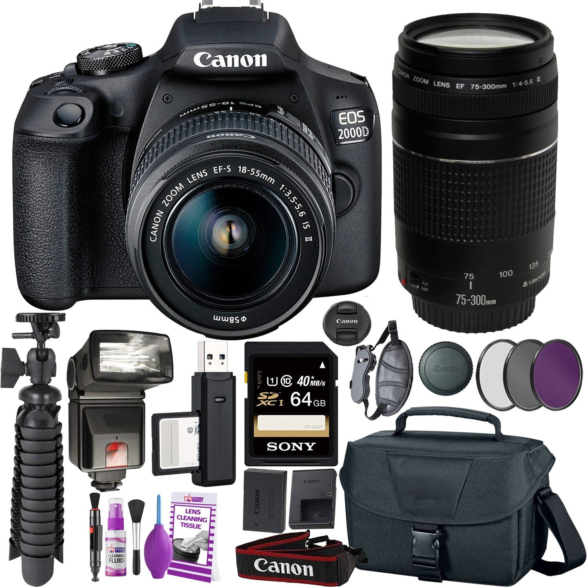 Canon EOS 2000D Rebel t7 DSLR Camera and EF-S 18-55 mm f/3.5-5.6 IS II Lens + 75-300mm Telephoto Zoom Lens + 64GB Memory Card Canon