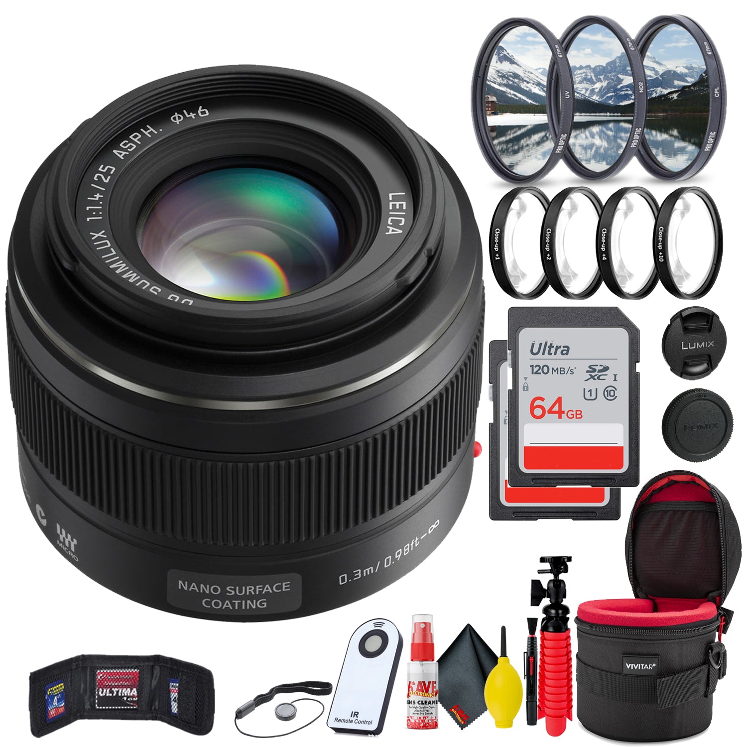 Panasonic Leica DG Summilux 25mm f/1.4 ASPH Lens + 2x 64GB SD Cards Bundle PANASONIC