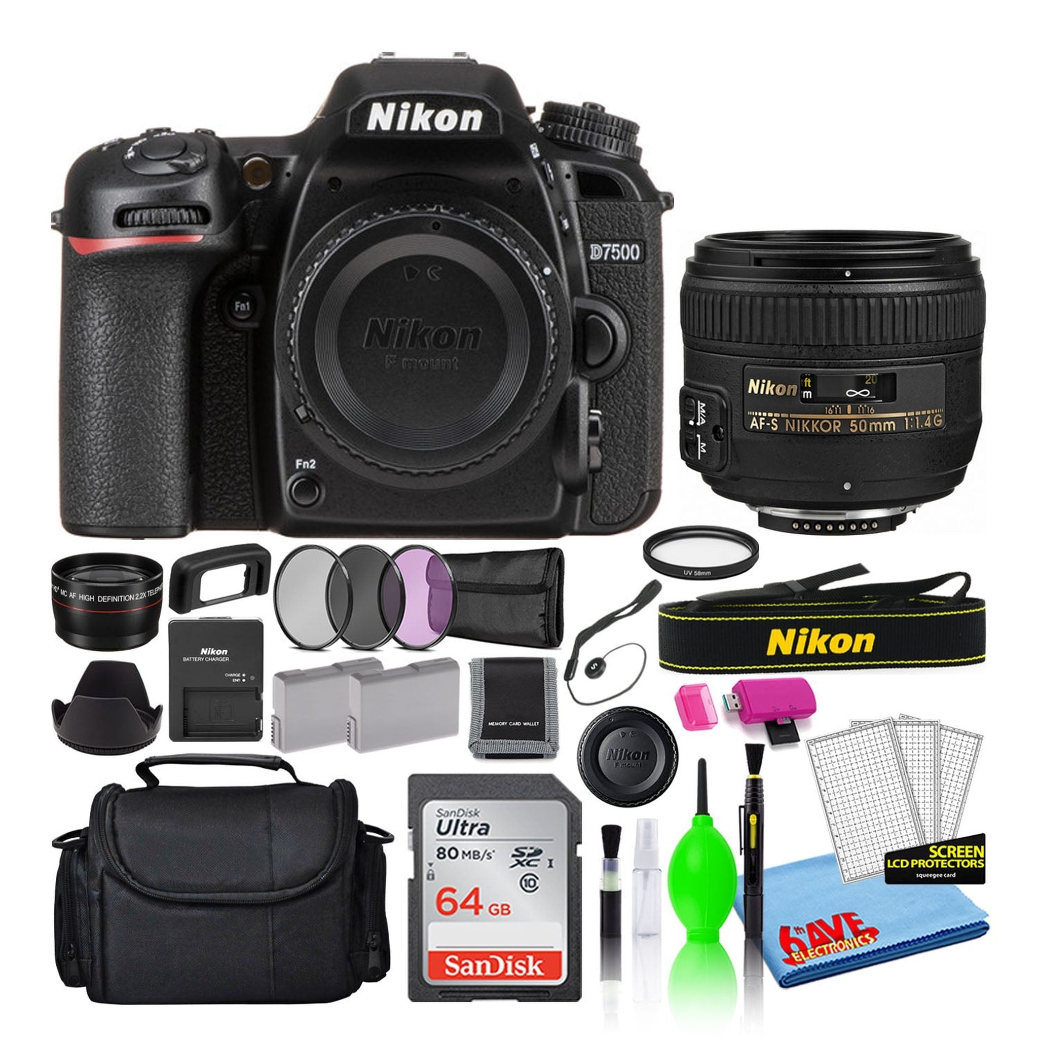 Nikon D7500 Digital Camera with 50mm f/1.4G Lens 1581 + 64GB Card + Bag Intl Nikon