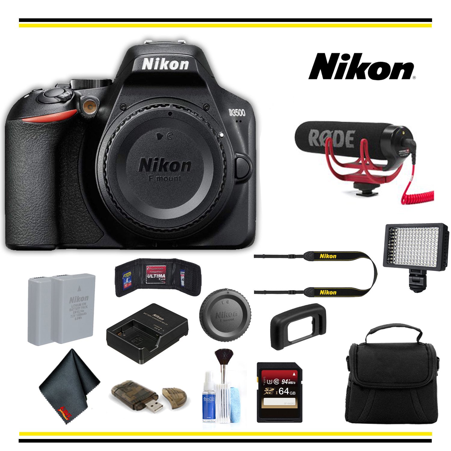 Nikon D3500 DSLR Camera 1519 Advanced Bundle W/ Bag, Extra Battery, LED Light, Mic, and More - International Model Nikon