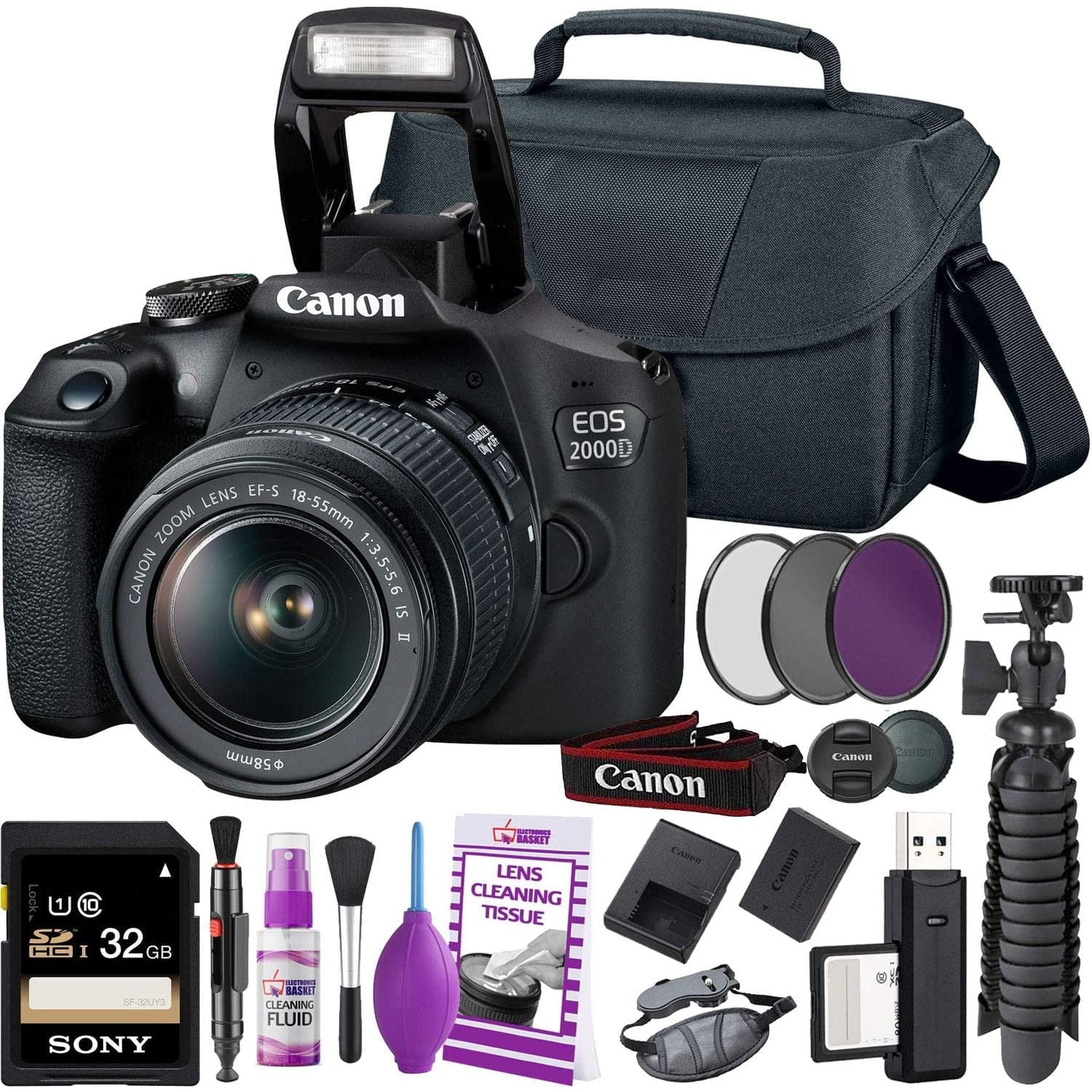 Canon EOS 2000D / Rebel T7 DSLR Camera and EF-S 18-55mm f/3.5-5.6 IS DC III Lens + 32GB Memory Card + Camera Bag + Cleaning Kit + Table Tripod + Filters - Intl Model Canon