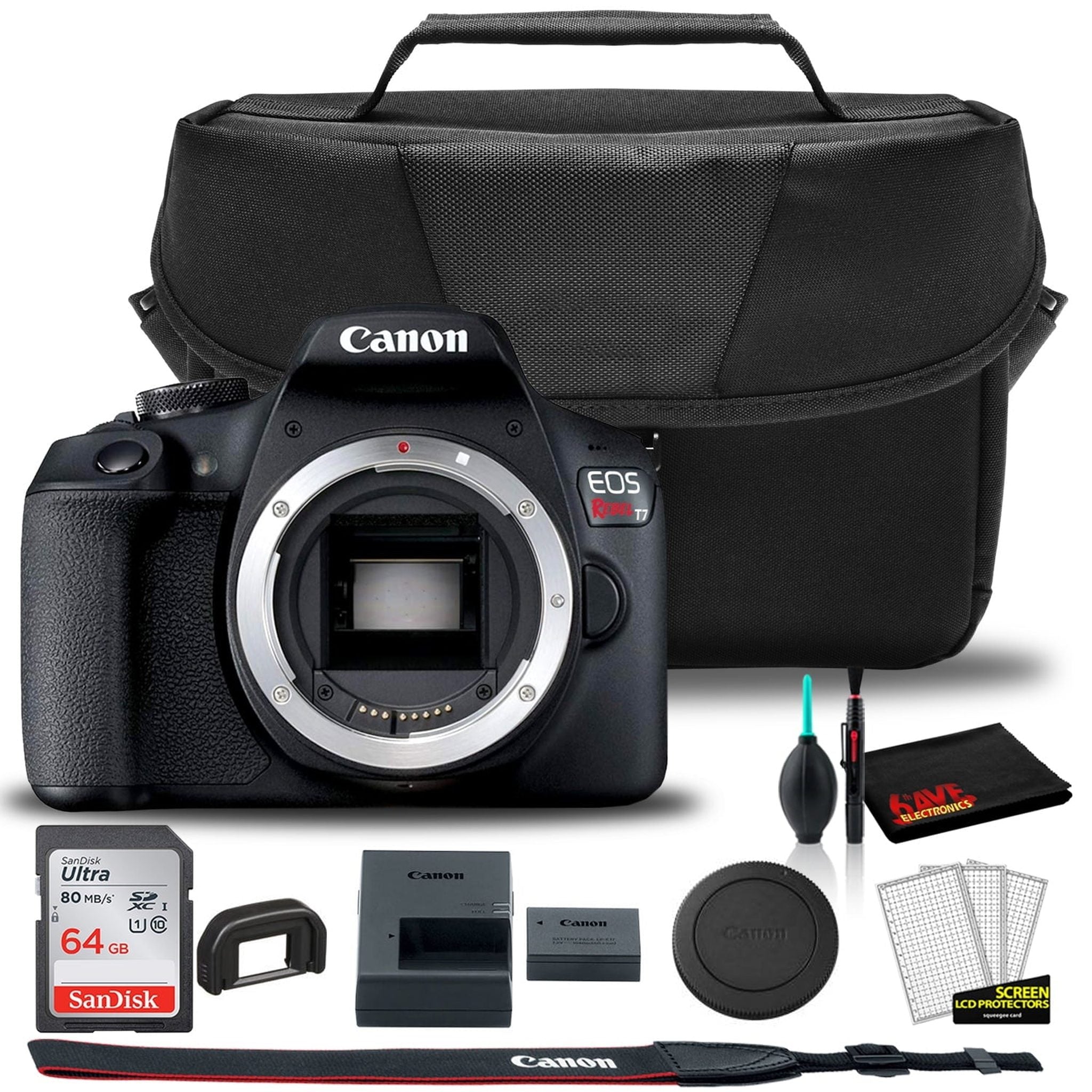 Canon EOS Rebel T7 DSLR Camera + EOS Bag + Sandisk Ultra 64GB Card + Cleaning Set And More Kit Box No Lens Canon