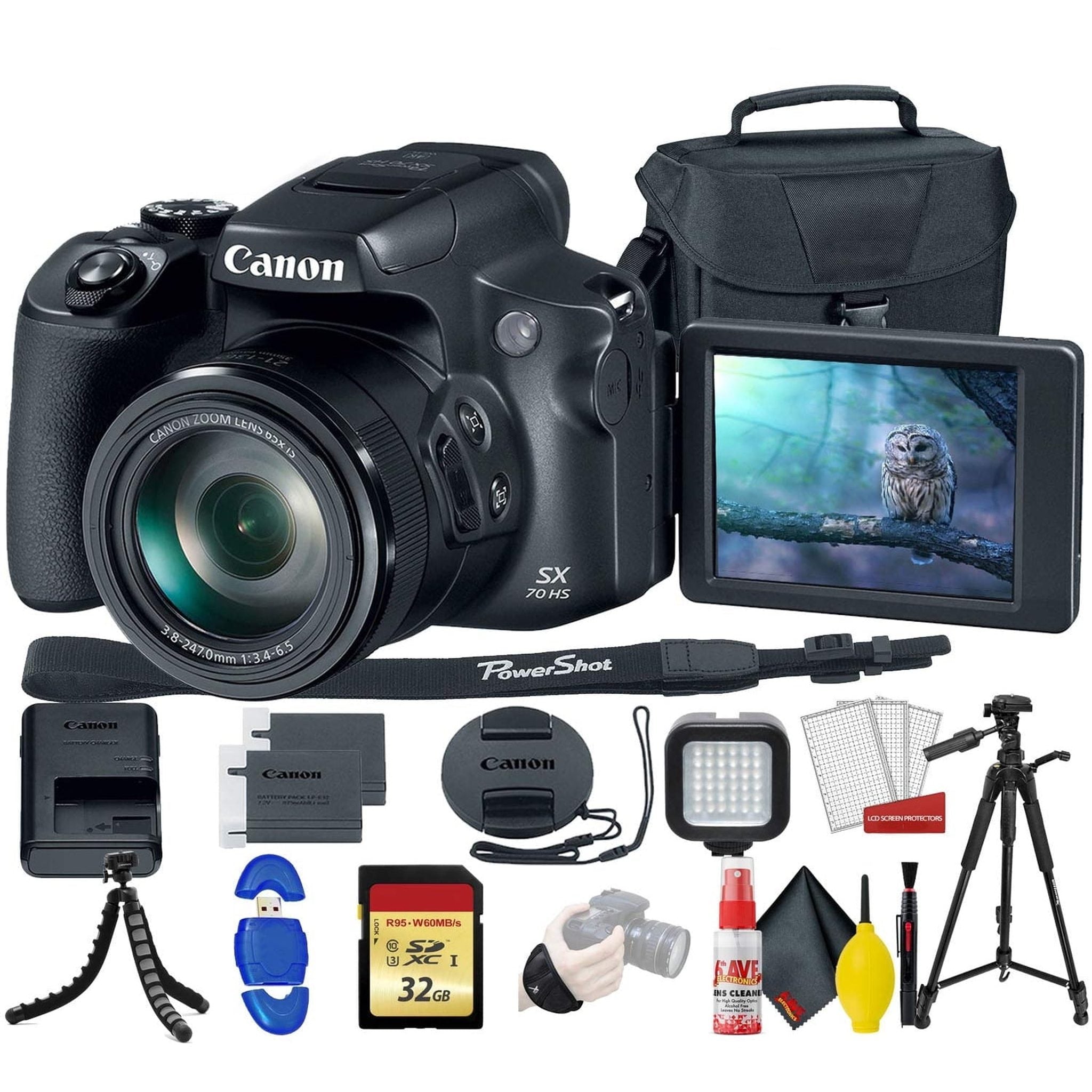 Canon PowerShot SX70 HS Digital Camera With 32GB Memory Card, Padded Case, Spider Tripod, LED Light, Extra Battery, Full Size Tripod,m Cleaning Kit, Canon