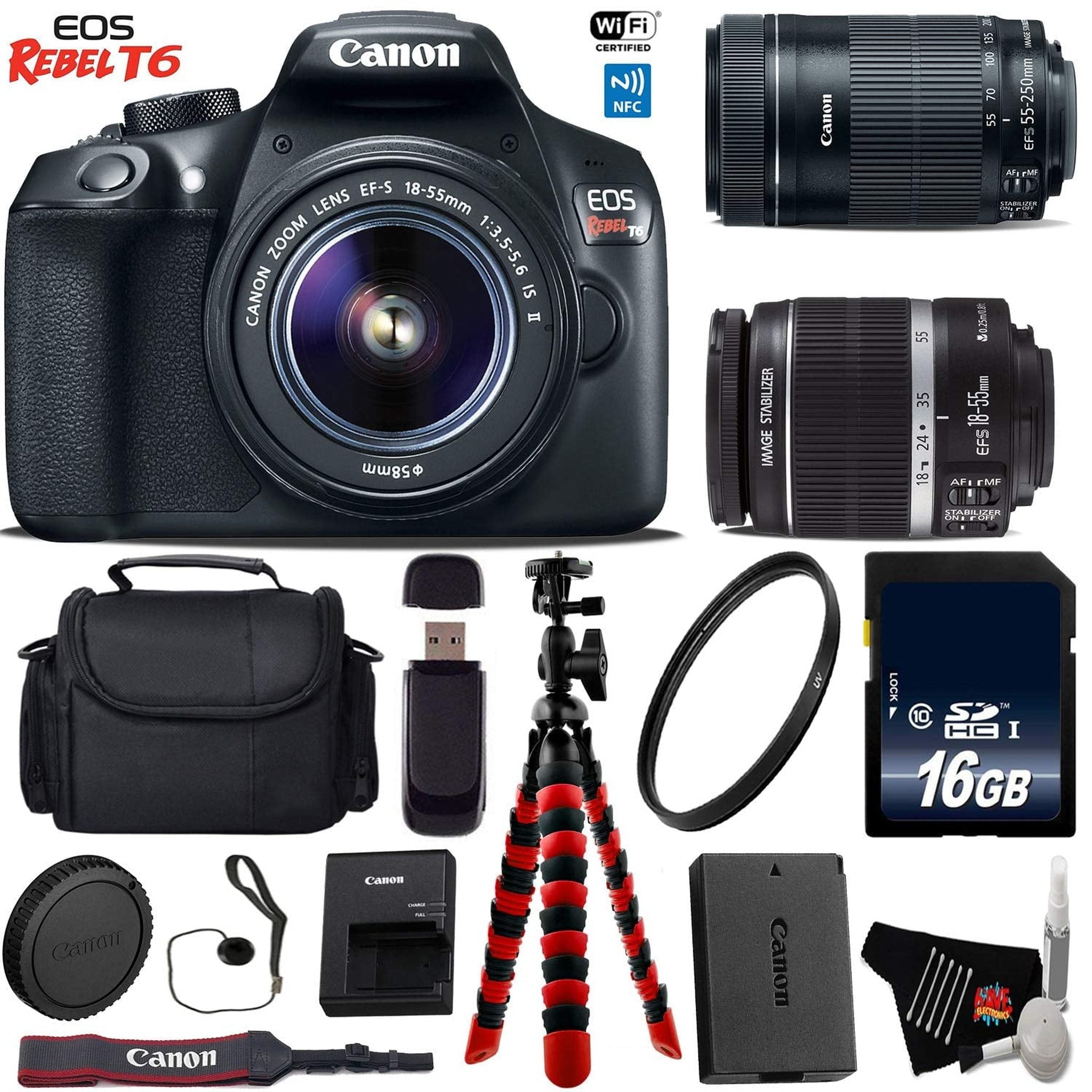 Canon EOS Rebel T6 DSLR Camera with 18-55mm is Lens & 55-250mm is STM Lens + Flexible Tripod + UV Protection Filter Base Bundle Canon