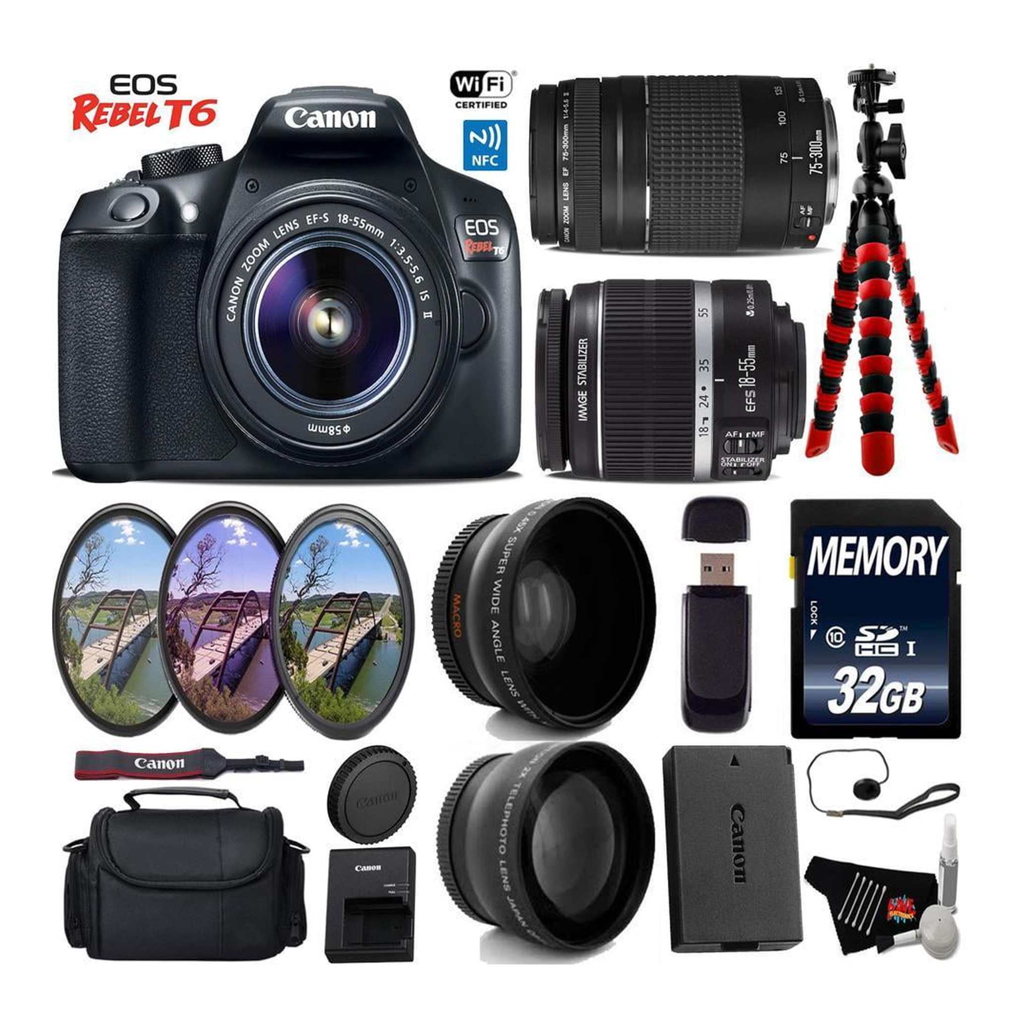 Canon EOS Rebel T6 DSLR Camera with 18-55mm is II Lens & 75-300mm III Lens + UV FLD CPL Filter Kit Starter Bundle Canon