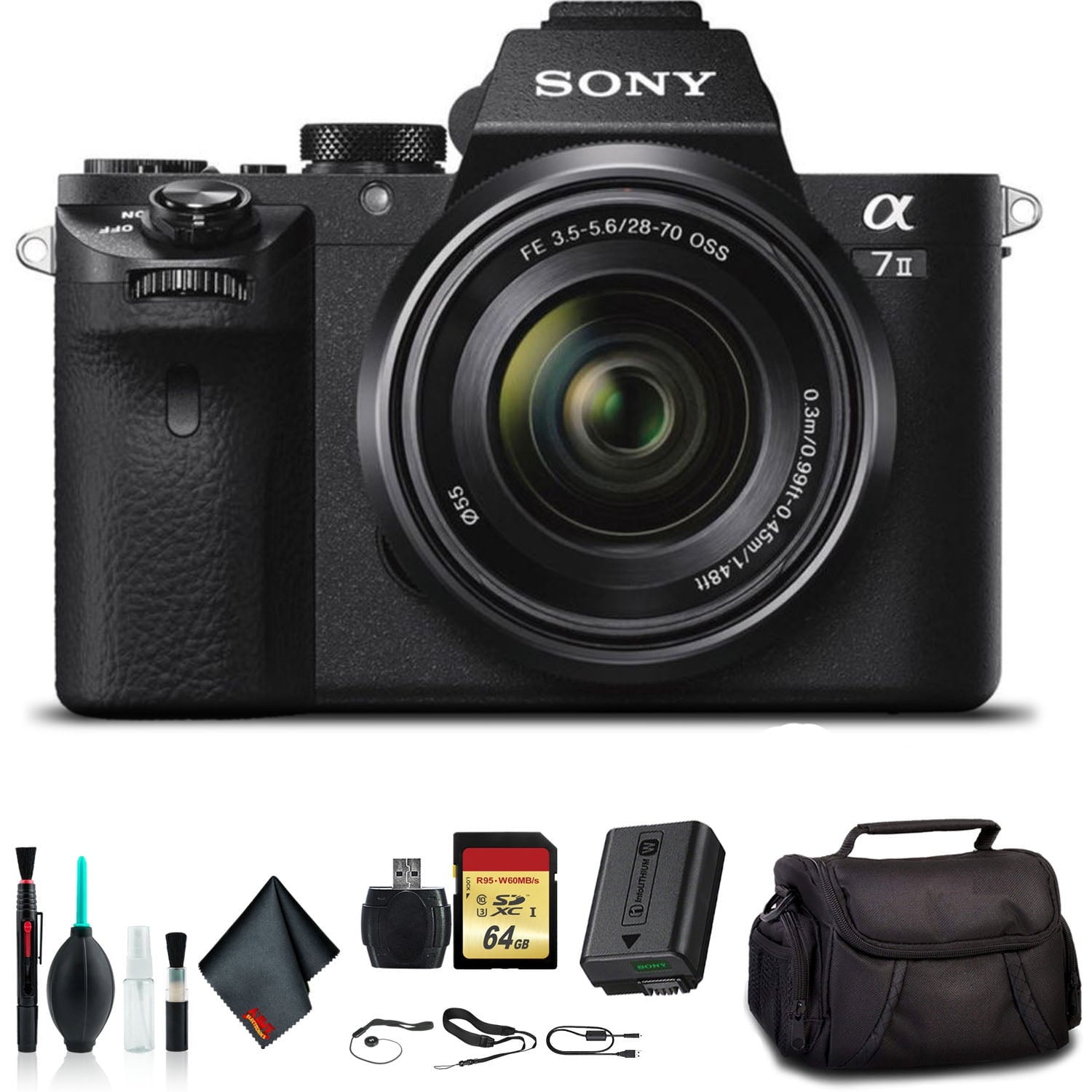 Sony Alpha a7 II Mirrorless Camera with FE 28-70mm f/3.5-5.6 OSS Lens ILCE7M2K/B With Soft Bag, 64GB Memory Card, Card Reader , Plus Essential Accessories Sony