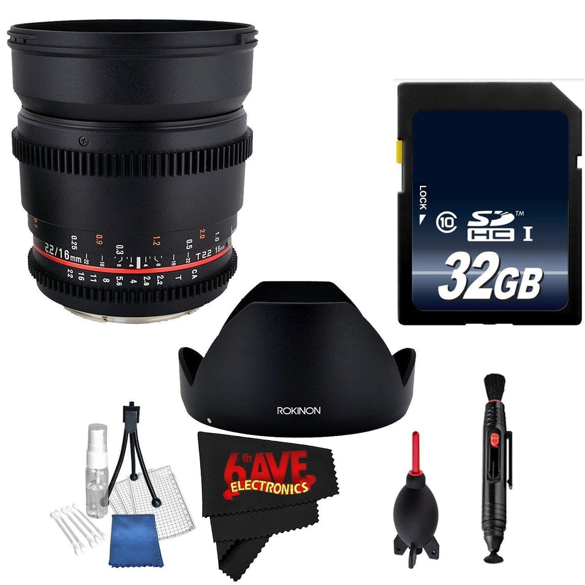 Rokinon 16mm T2.2 Cine Lens for Sony E # CV16M-NEX + MicroFiber Cloth + Lens Pen Cleaner + 32GB SDHC Memory Card Bundle Rokinon