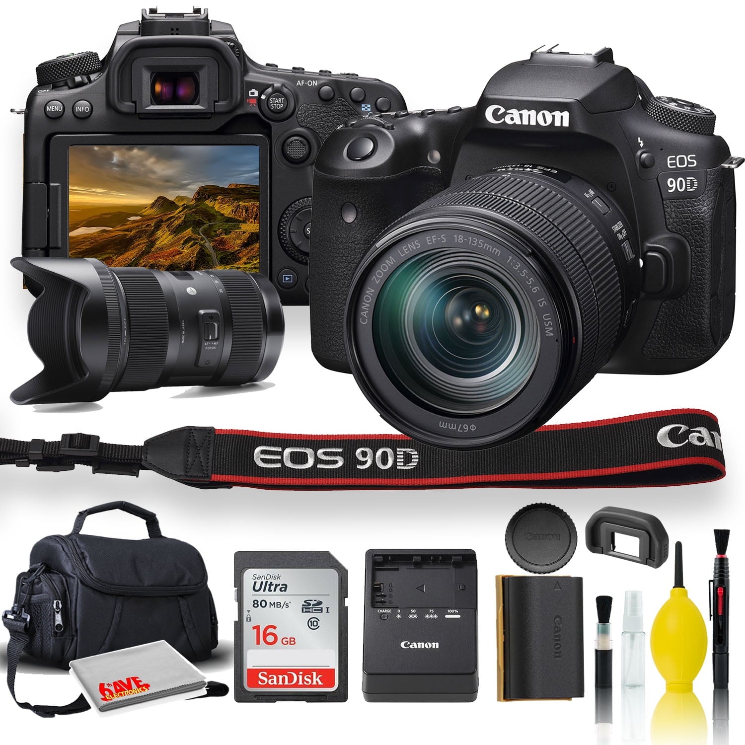 Canon EOS 90D DSLR Camera with 18-135mm Lens, Sigma 18-35mm Lens, Soft Padded Case, Memory Card, and More Canon