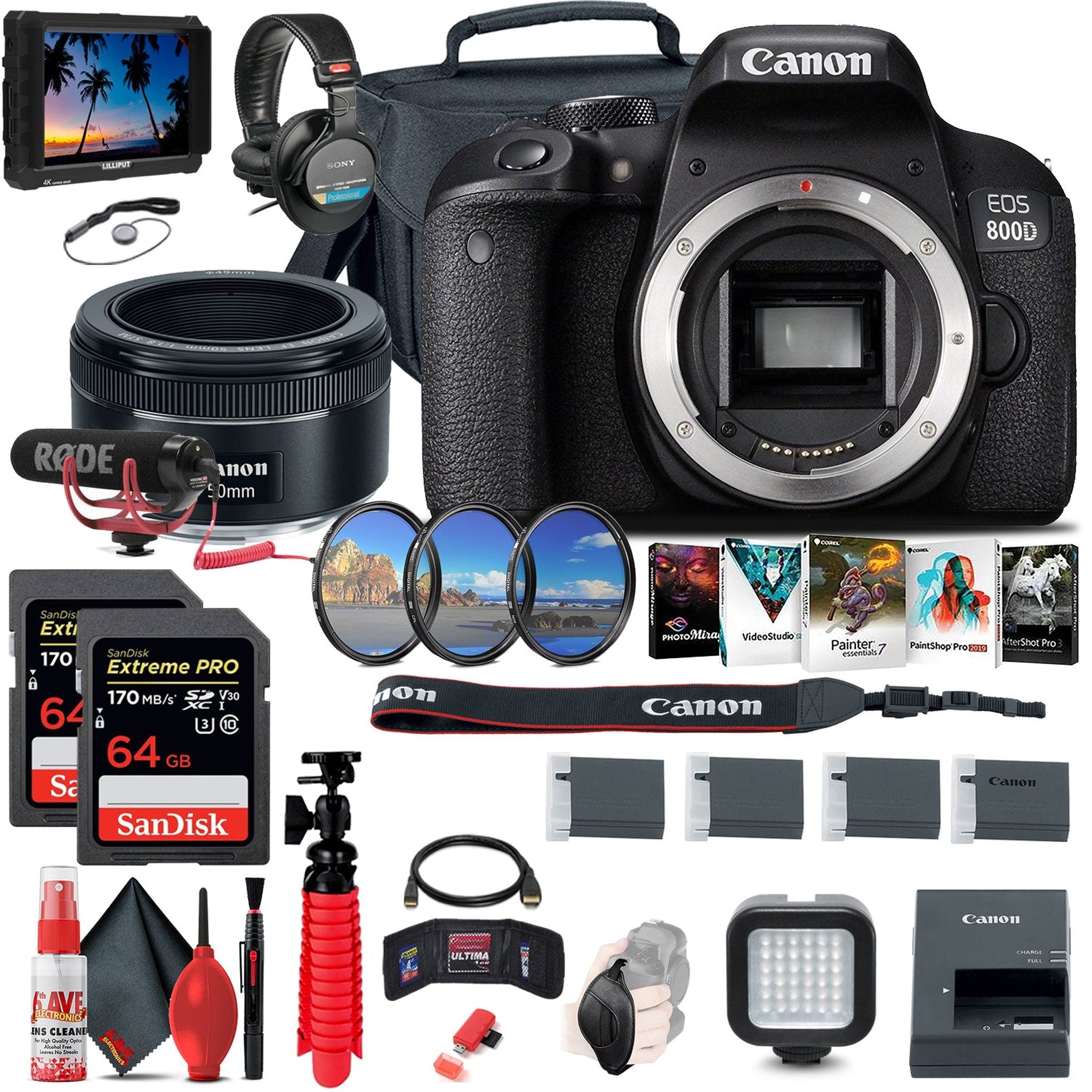 Canon EOS Rebel 800D / T7i DSLR Camera Body Only + 4K Monitor + Canon EF 50mm Canon