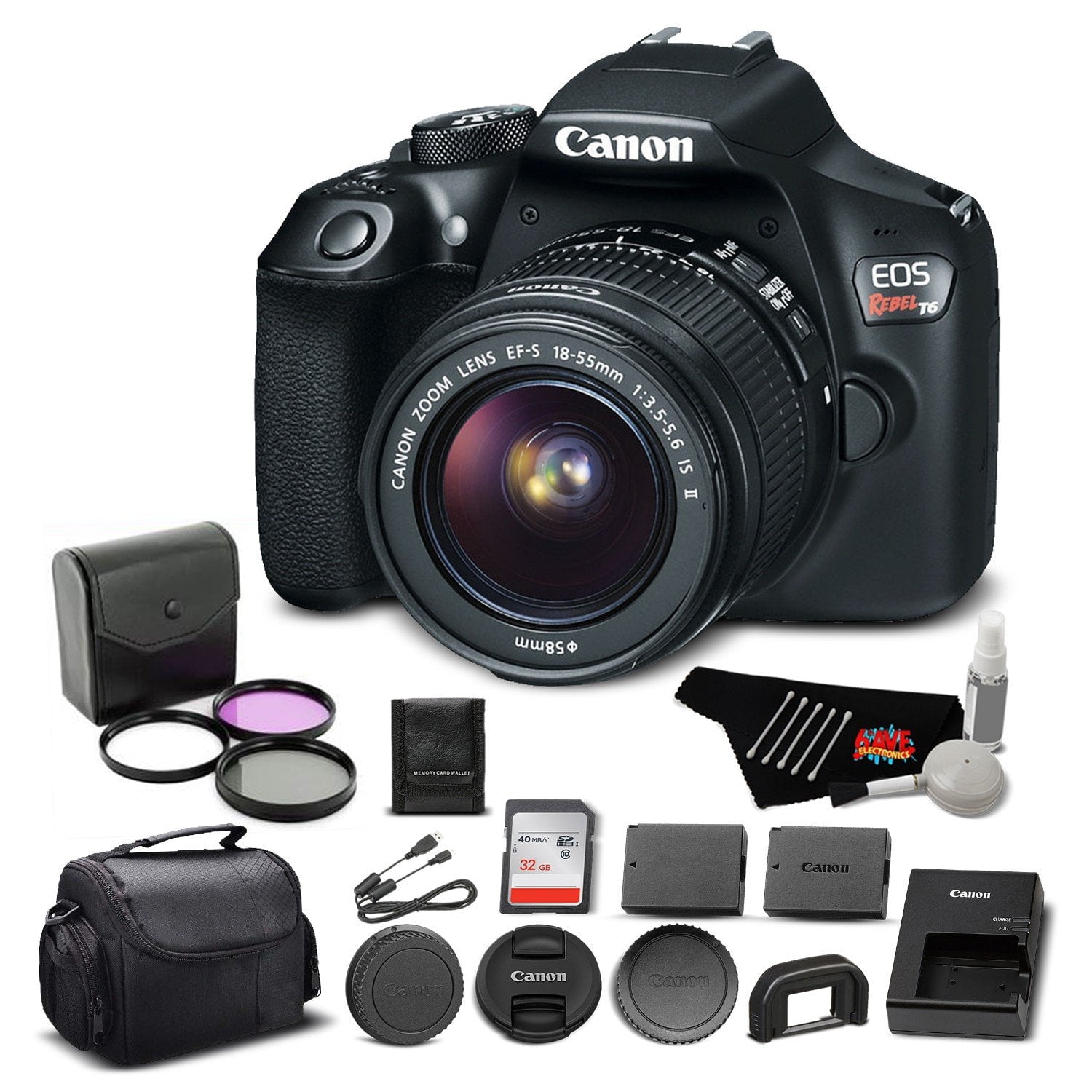 Canon EOS Rebel T6 Digital SLR Camera Bundle with EF-S 18-55mm f/3.5-5.6 IS II Lens with 32GB Memory Card + More Canon