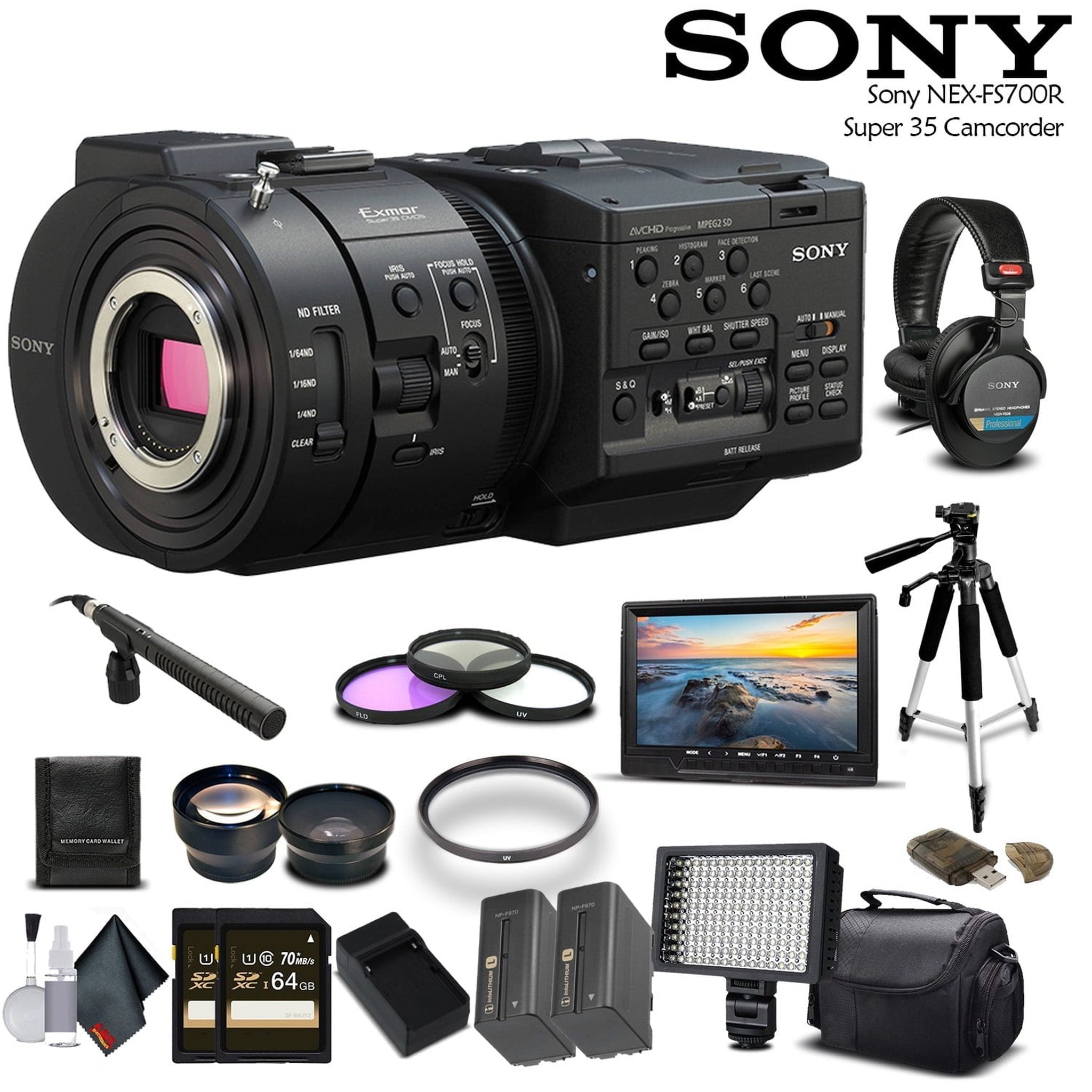 Sony NEX-FS700R Super 35 Camcorder Intl Model With 2 -64GB Cards, 2 Extra Batteries, LED Light, Case, Tripod, Rode Mic, External Screen, and Sony Headphones - Professional Bundle Sony