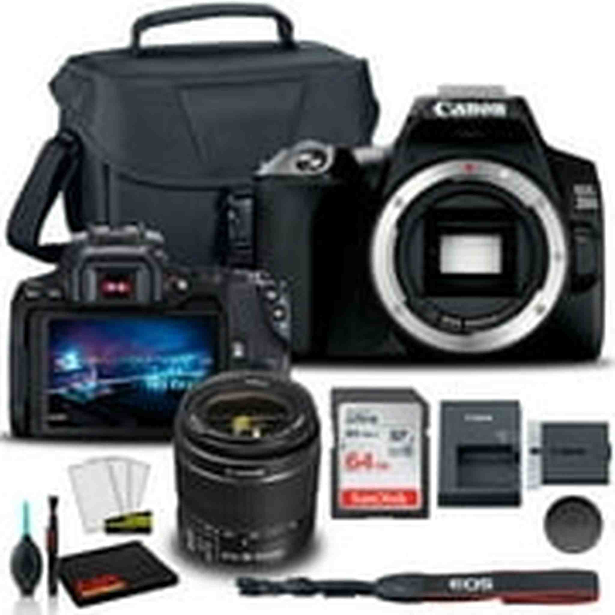 Canon EOS 250D DSLR Camera with 18-55mm Lens Black 3453C002 + EOS Bag + Sandisk Ultra 64GB Card + Cleaning Set And More International Model | Canon