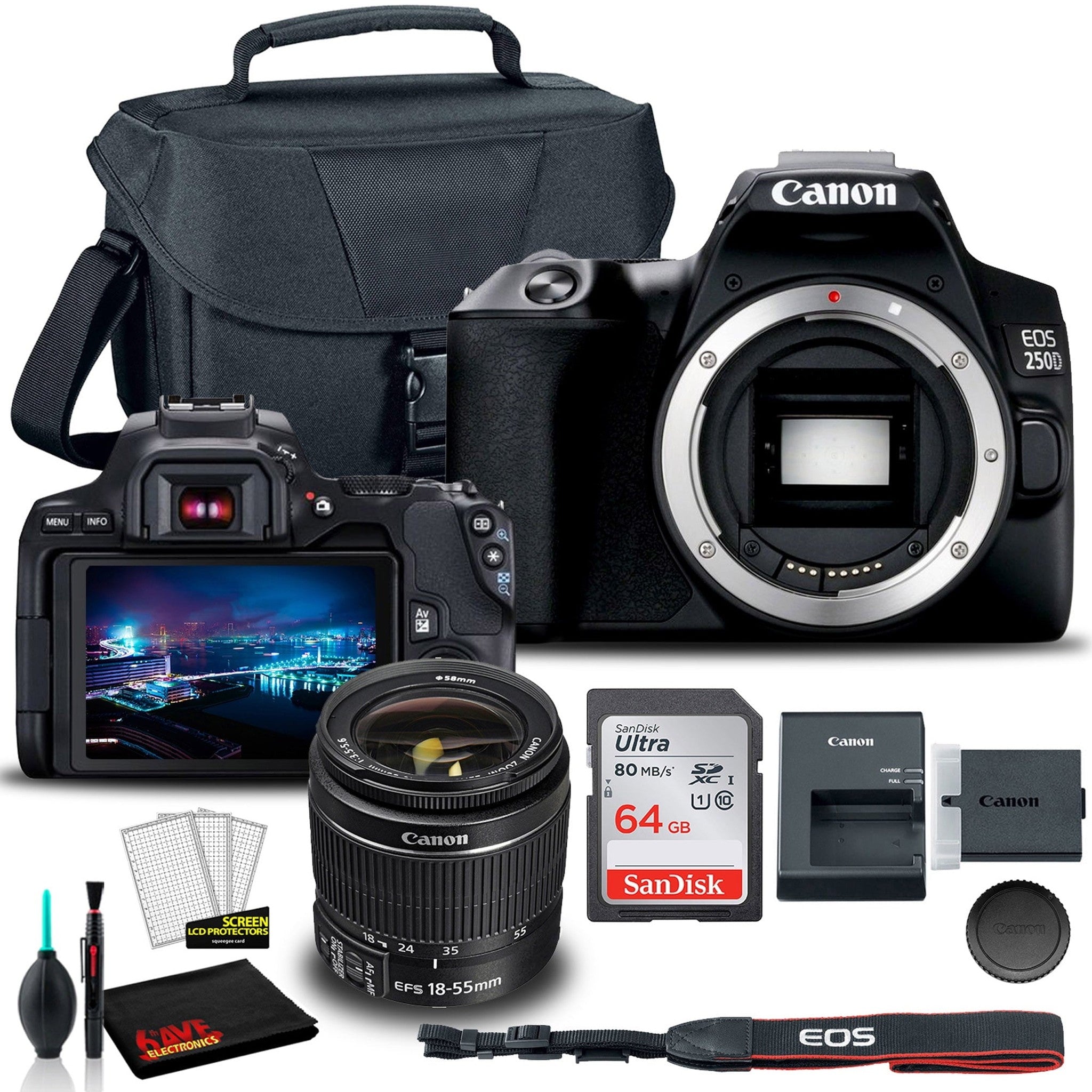 Canon EOS 250D DSLR Camera with 18-55mm Lens Black 3453C002 + EOS Bag + Sandisk Ultra 64GB Card + Cleaning Set And More International Model | Canon