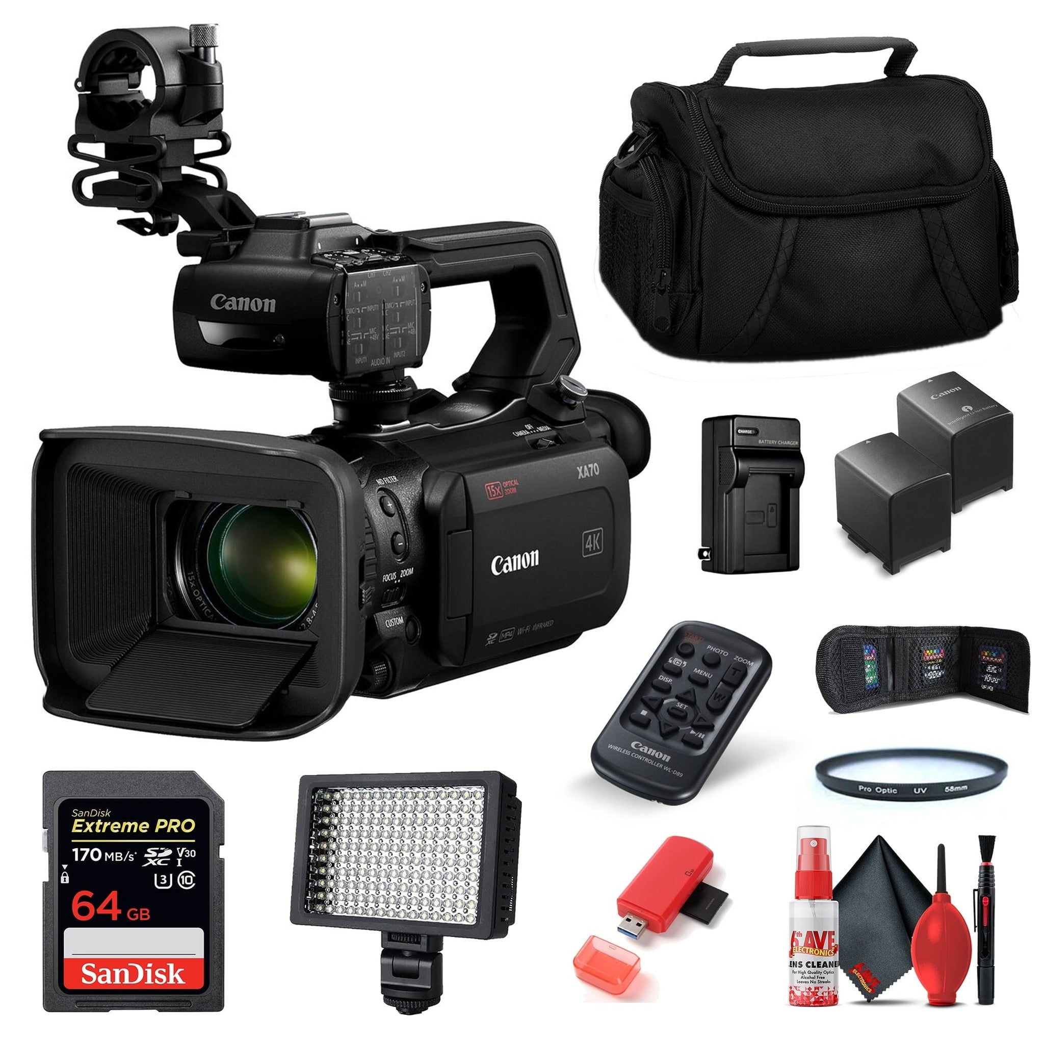 Canon XA70 Camcorder + Video Light, 64GB Memory Card, & additional accessories Canon