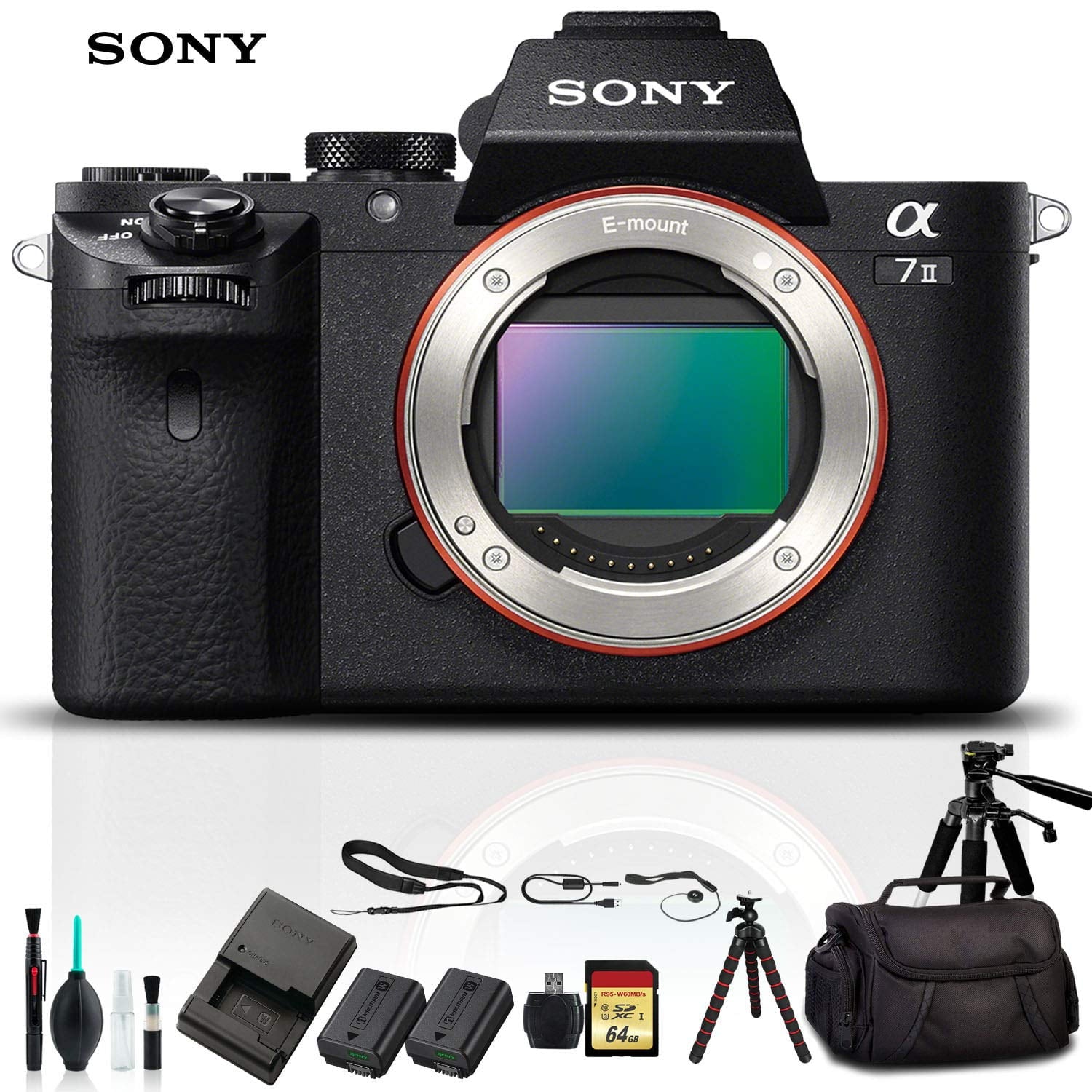 Sony Alpha a7 II Mirrorless Camera ILCE7M2/B With Soft Bag, Tripod, Additional Battery, 64GB Memory Card, Card Reader , Plus Essential Accessories Sony