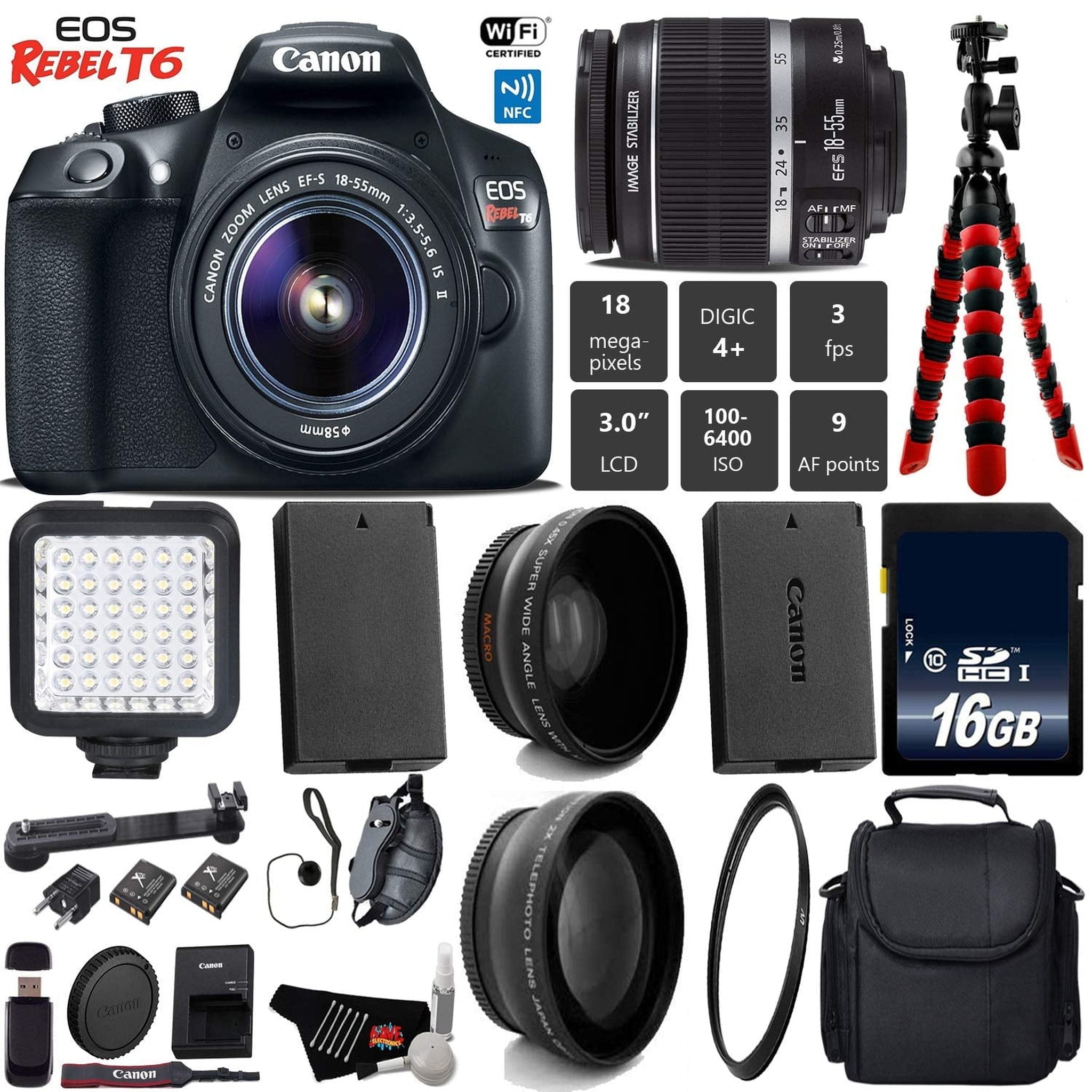 Canon EOS Rebel T6 DSLR Camera 18-55mm is II Lens + LED + UV FLD CPL Filter Kit + Wide Angle & Telephoto Lens + Camera C Canon