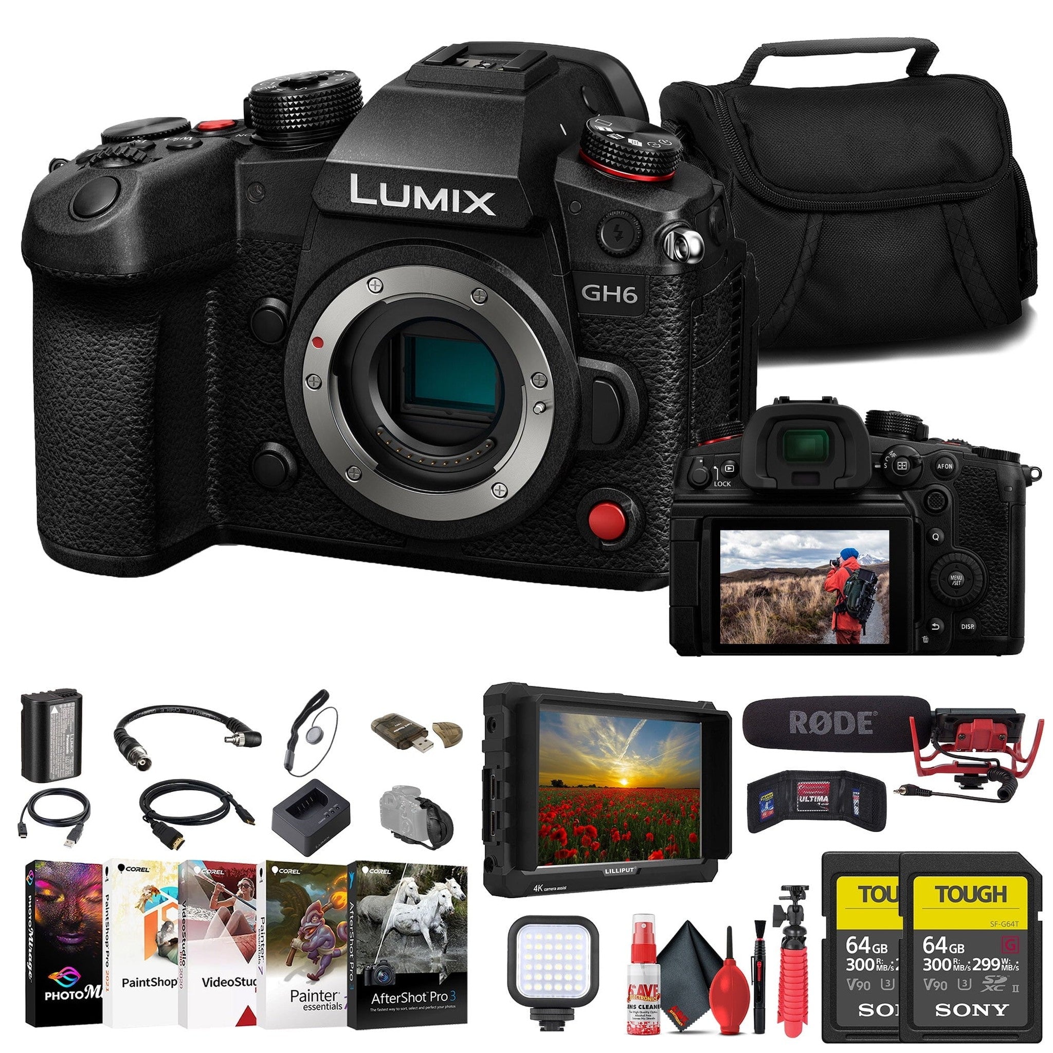 Panasonic Lumix GH6 Mirrorless Camera + 4K Monitor + VideoMic + 64GB Card + More Panasonic