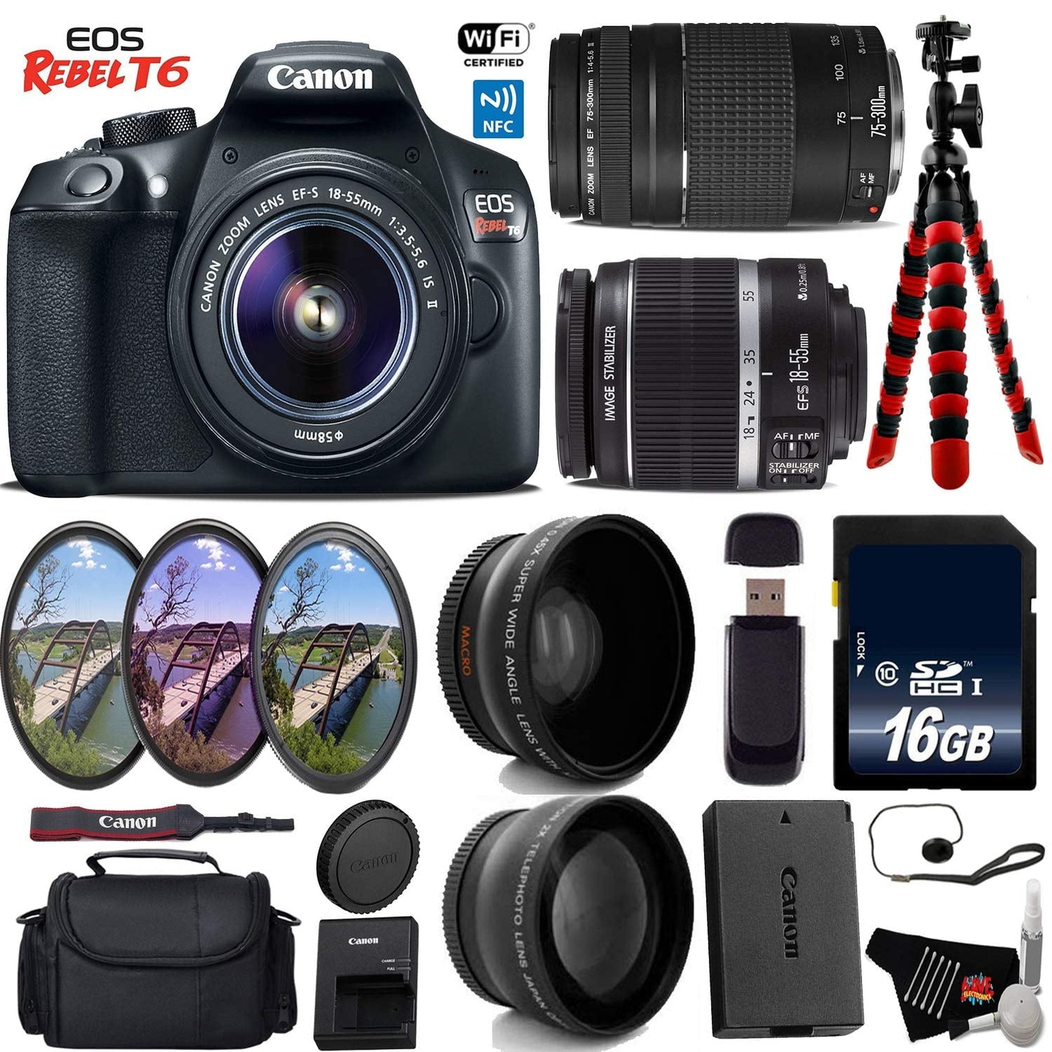 Canon EOS Rebel T6 DSLR Camera 18-55mm is II Lens & 75-300mm III Lens + UV FLD CPL Filter Kit + Wide Angle & Telephoto L Canon