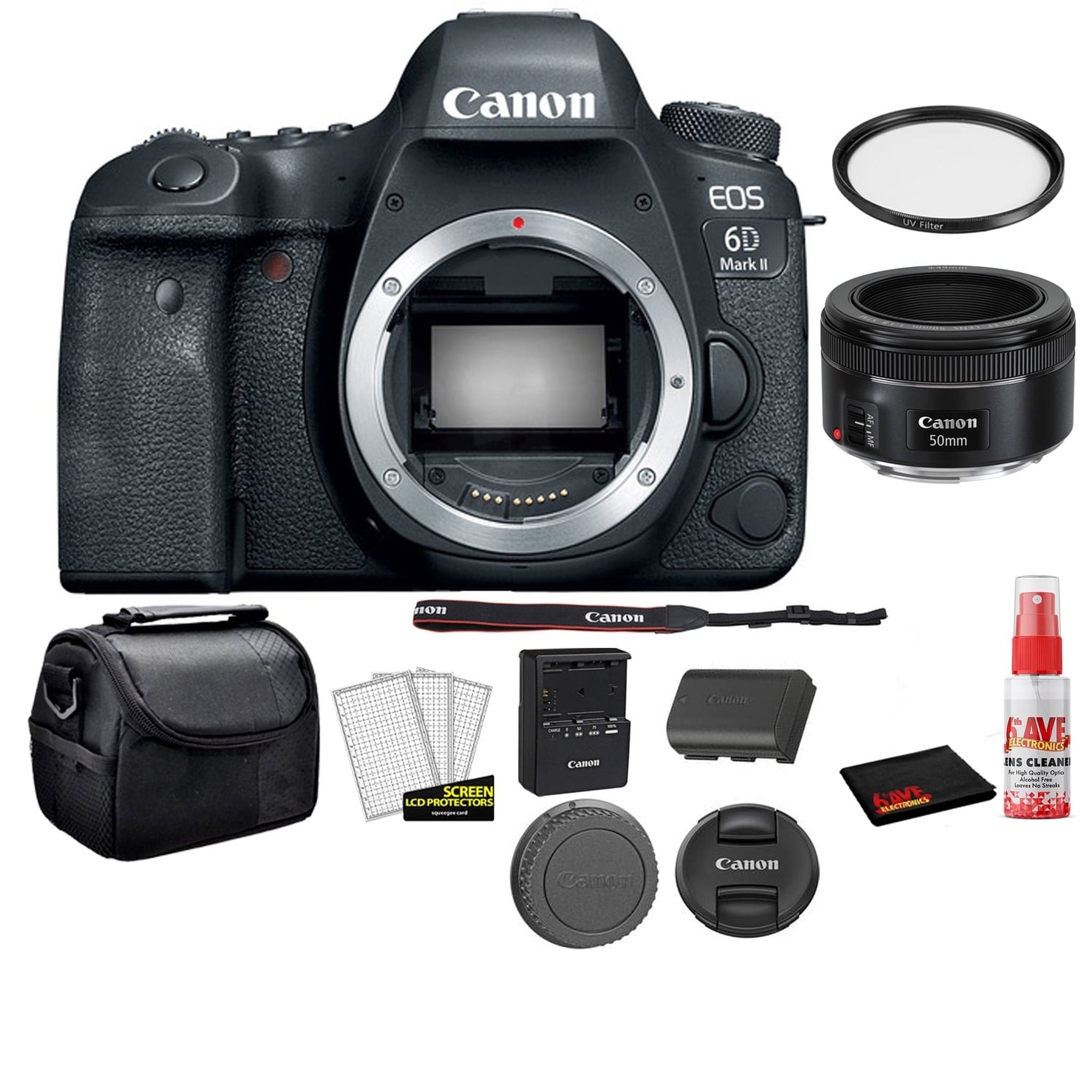 Canon EOS 6D Mark II 26.2MP Full Frame Digital SLR Camera Body 1897C002 Bundle Kit with Canon EF 50mm f/1.8 STM Lens + More Canon