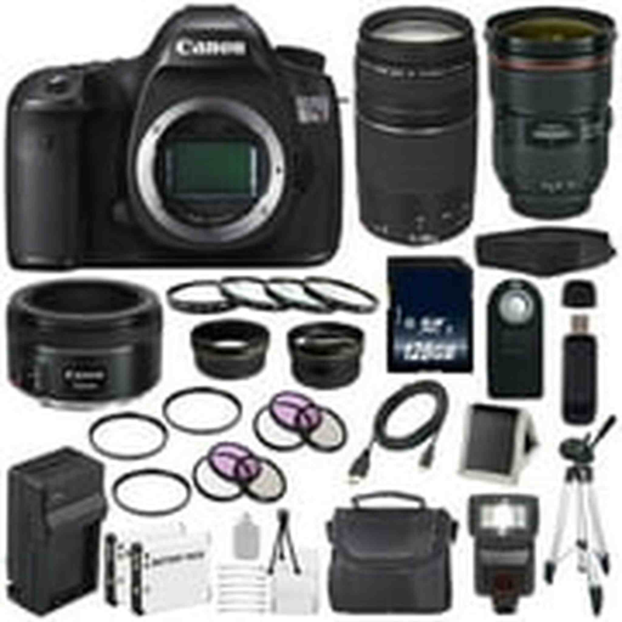 Canon EOS 5DS R DSLR Camera International Model 0582C002 + Canon EF 24-70mm f/2.8L II USM Lens + Canon EF 75-300 III+ EF 50mm f/1.8 STM Lens + LP-E6 Replacement Battery + Charger Bundle Canon