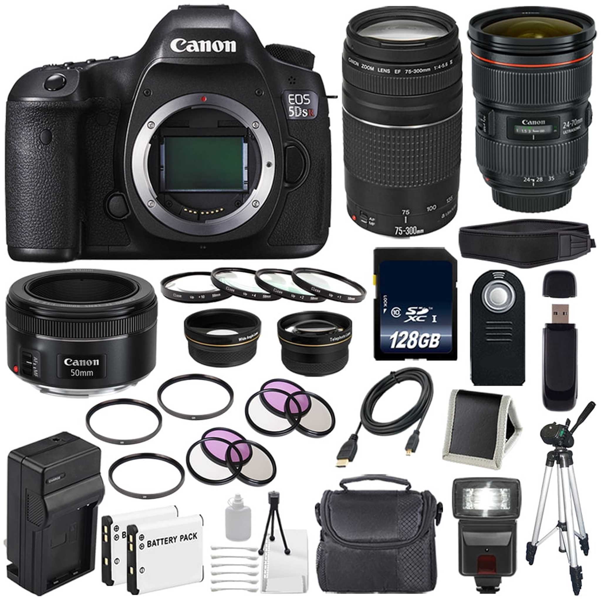 Canon EOS 5DS R DSLR Camera International Model 0582C002 + Canon EF 24-70mm f/2.8L II USM Lens + Canon EF 75-300 III+ EF 50mm f/1.8 STM Lens + LP-E6 Replacement Battery + Charger Bundle Canon