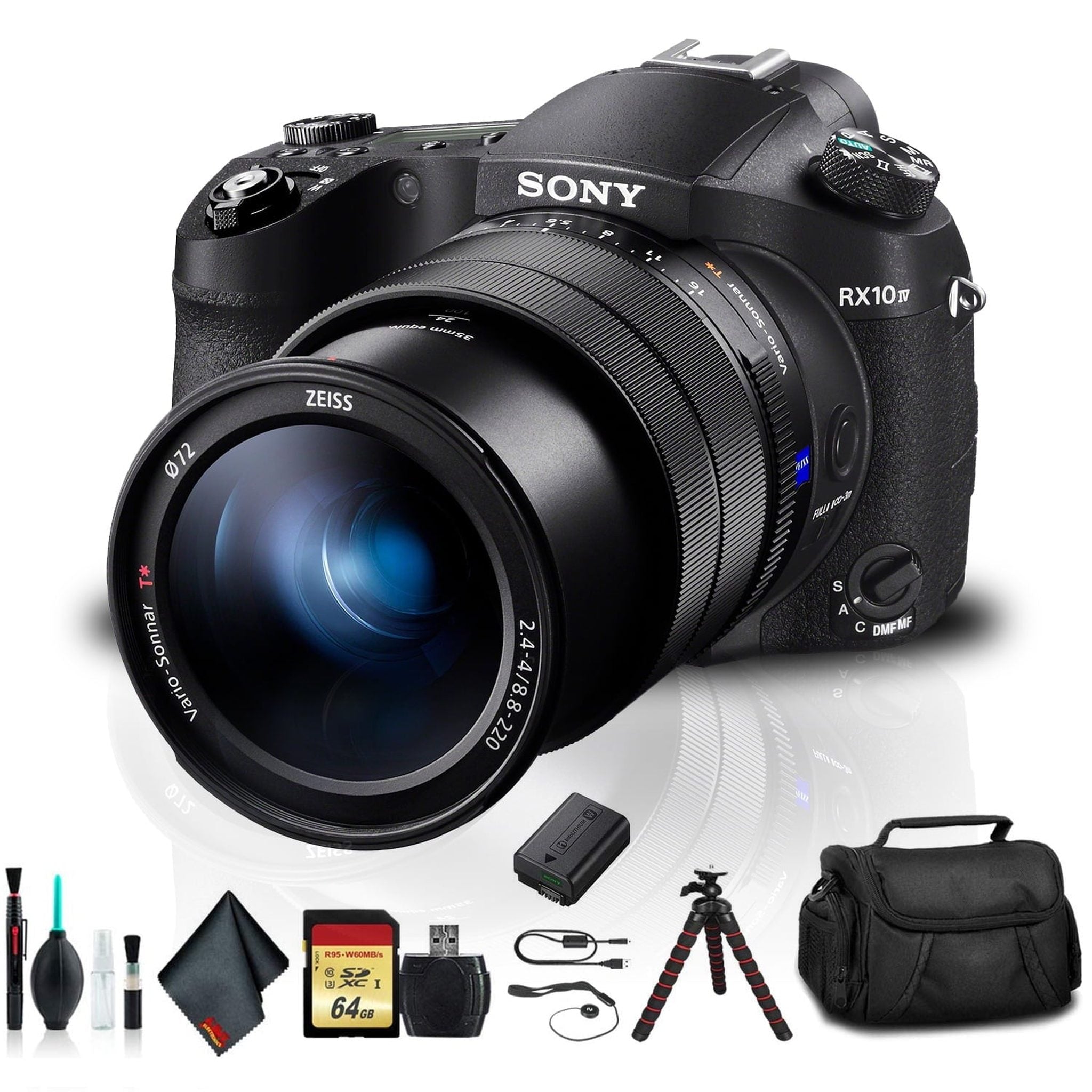 Sony Cyber-shot DSC-RX10 IV Camera DSCRX10M4/B With Soft Bag, Additional Battery, 64GB Memory Card, Card Reader , Plus Essential Accessories Sony