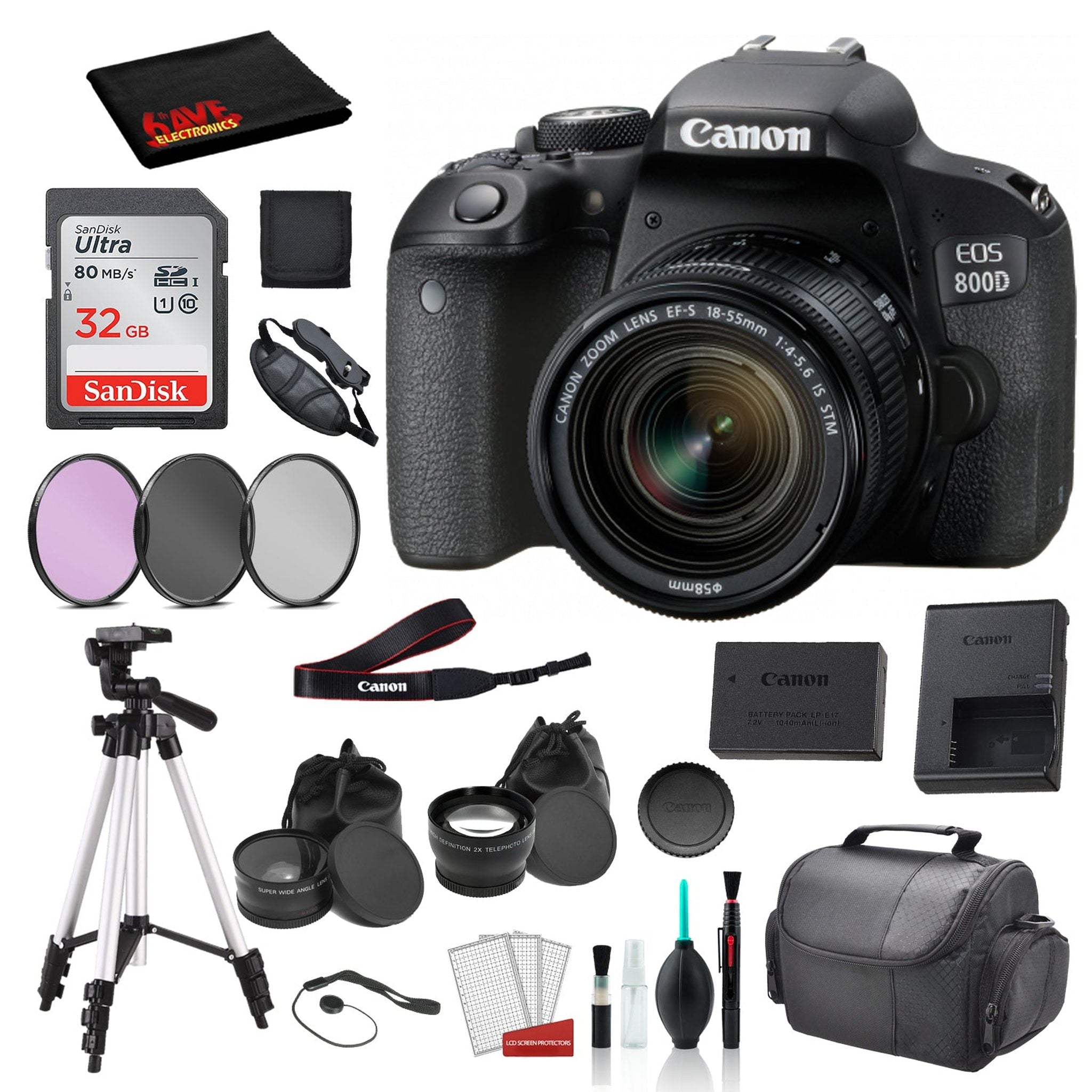 Canon EOS 800D Rebel T7i 18-55mm IS STM Lens Bundle �SanDisk 32gb SD Card + 3PC Filter Kit + MORE - International Canon