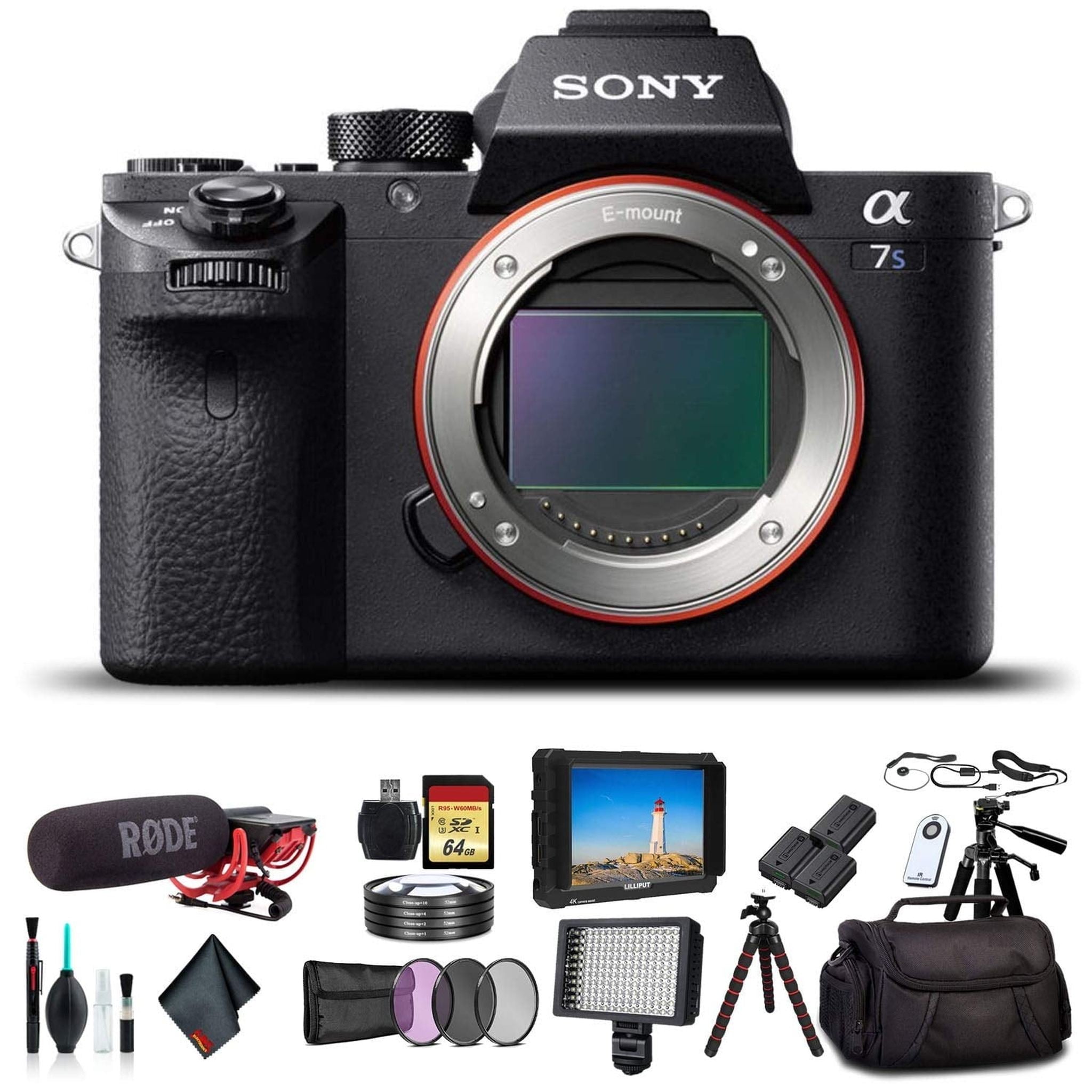 Sony Alpha a7S II Mirrorless Camera ILCE7SM2/B With Soft Bag, 2x Extra Batteries, Rode Mic, LED Light, External Monitor, 2x 64GB Memory Card, Sling Soft Bag, Card Reader , Plus Essential Accessories Sony