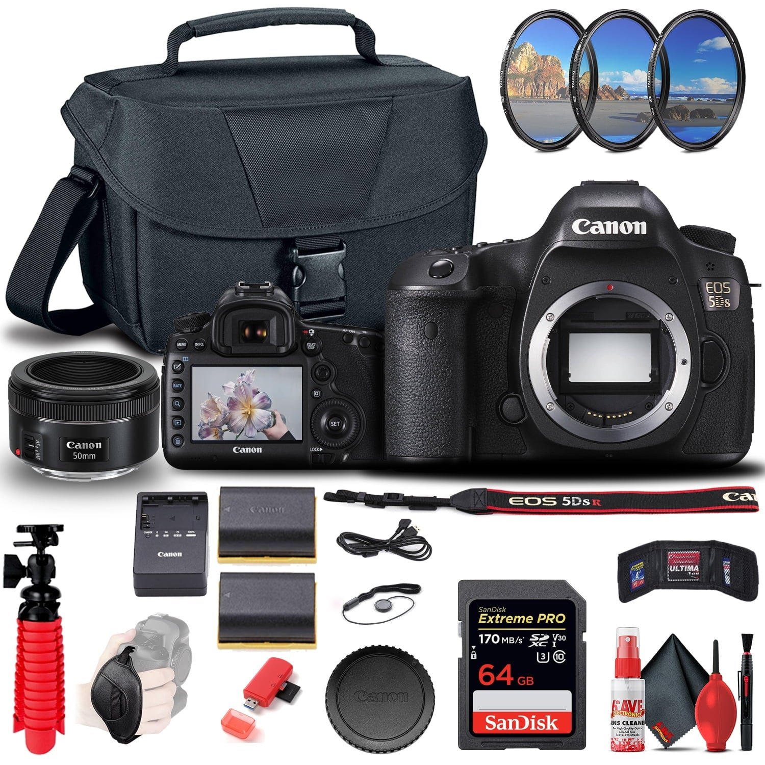 Canon EOS 5DS DSLR Camera 0581C002 + Canon EF 50mm Lens + 64GB Card + More Canon