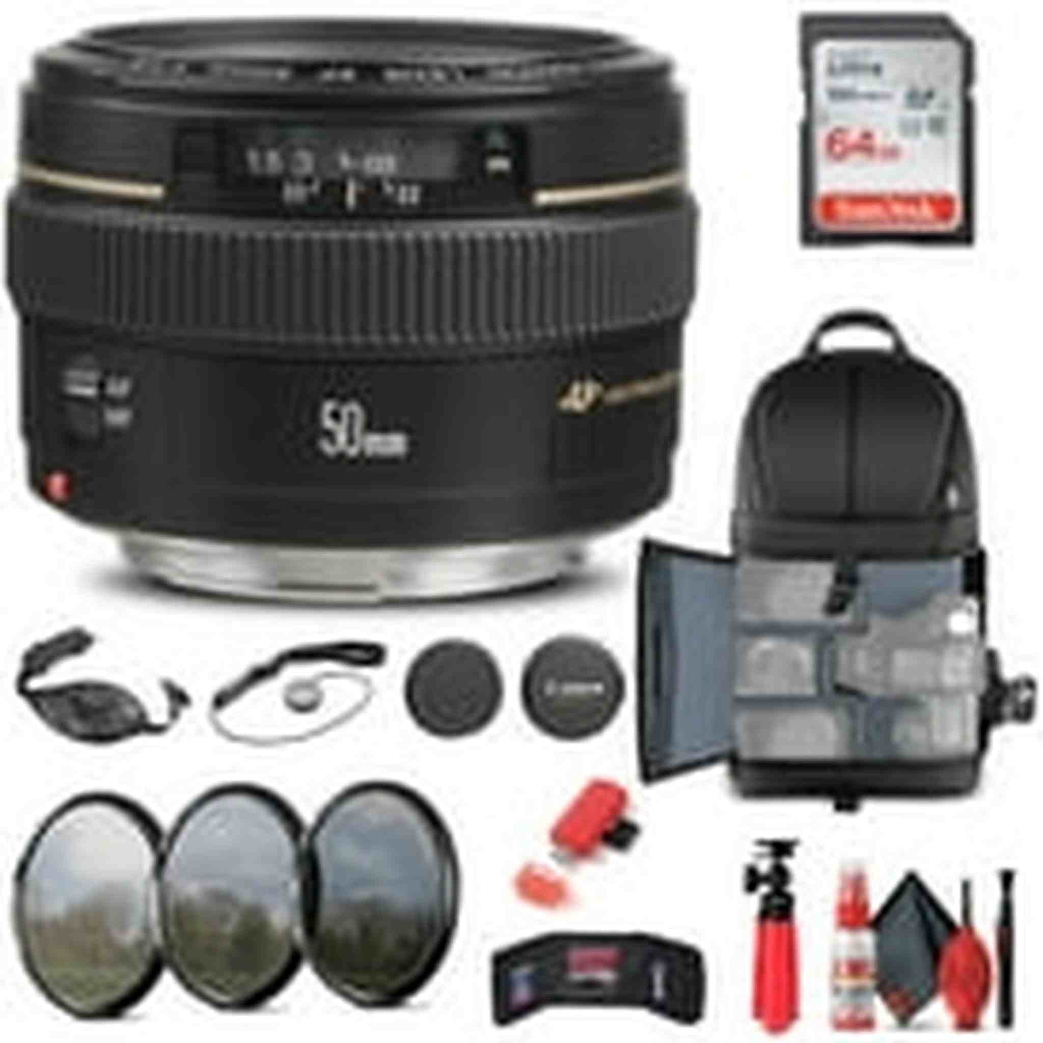 Canon EF 50mm f/1.4 USM Lens 2515A003 + Filter + BackPack + 64GB Card + More Canon