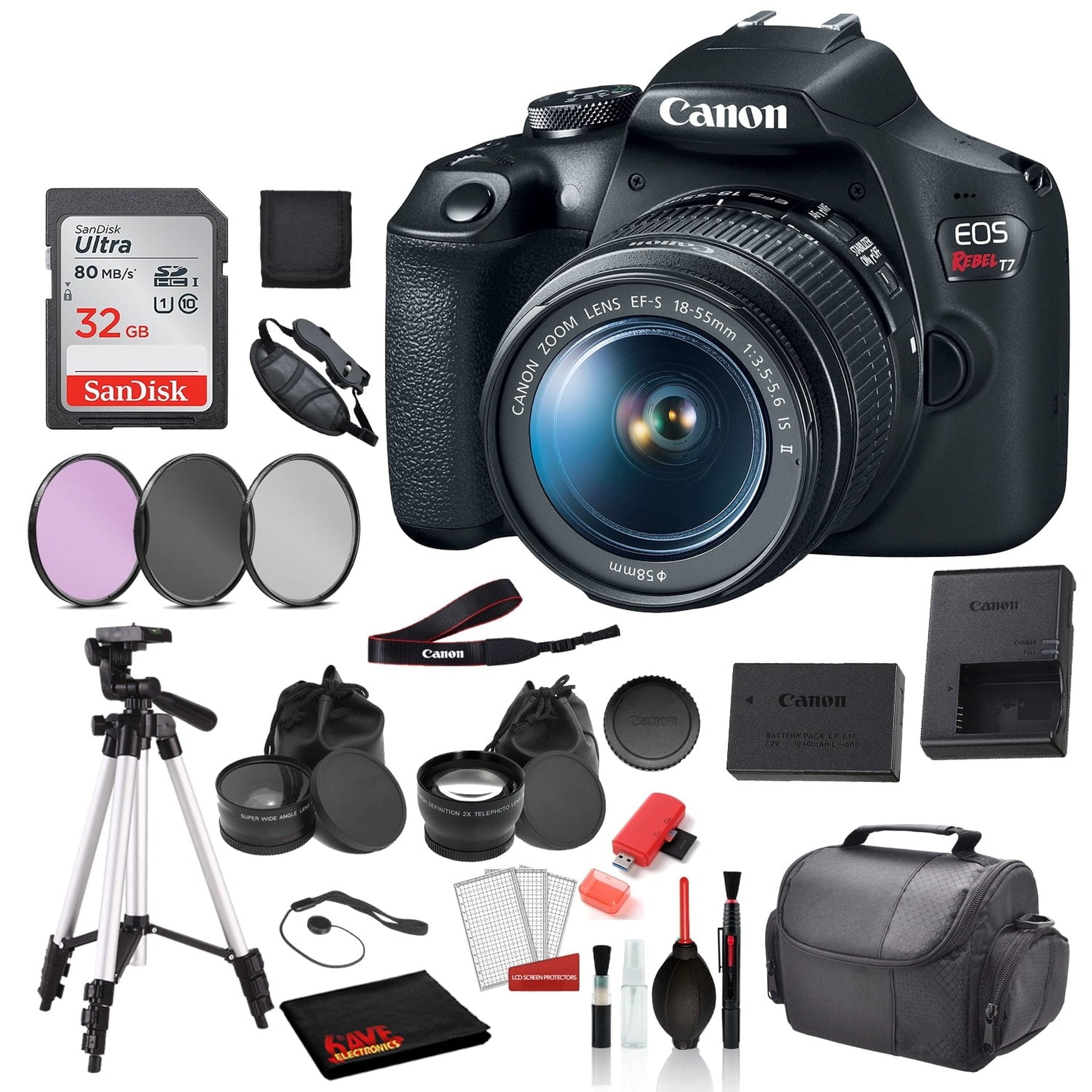 Canon EOS Rebel T7 Digital SLR Camera with 18-55mm Lens SanDisk 32gb SD + 3PC Filter Kit + 57 Tripod + MORE Canon