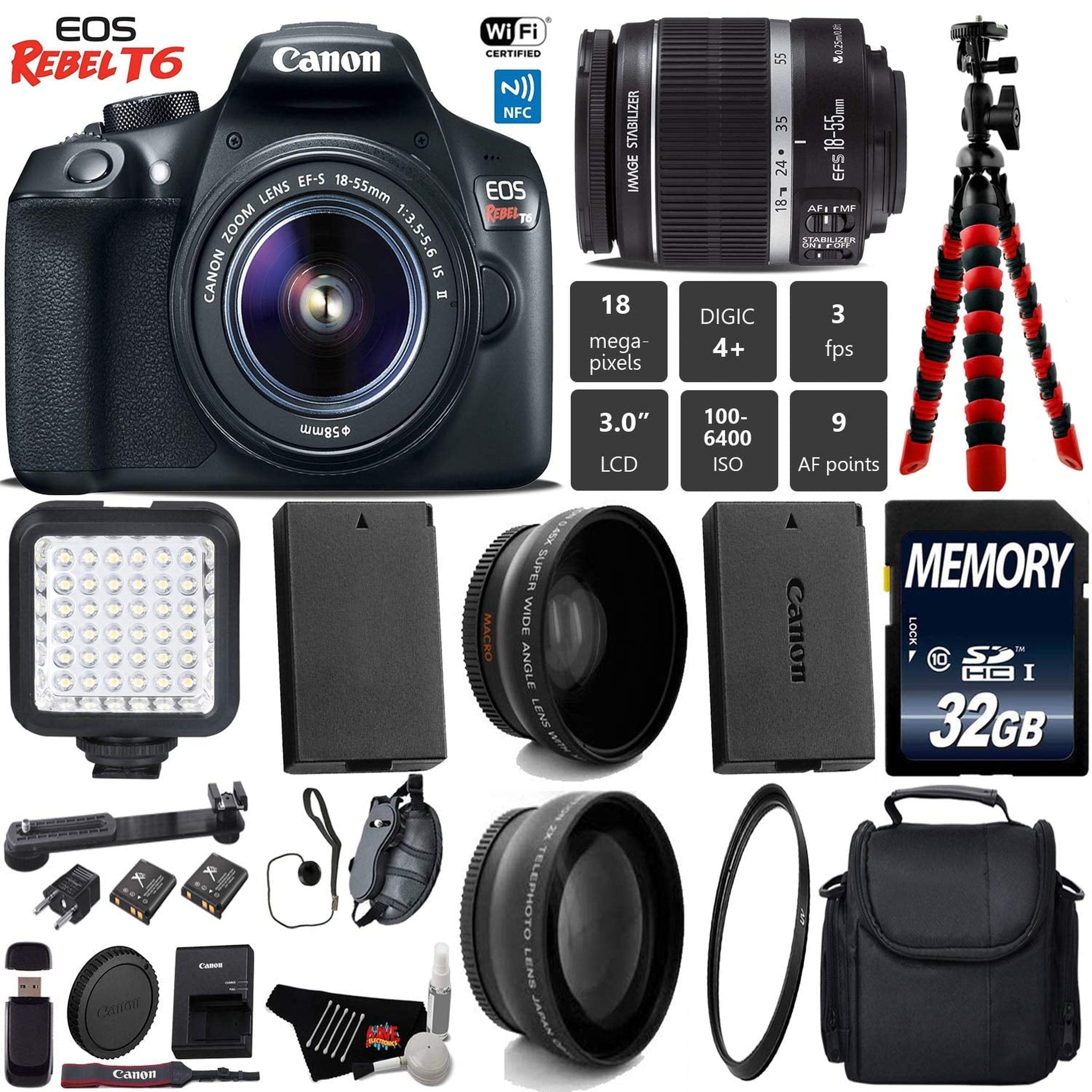 Canon EOS Rebel T6 DSLR Camera with 18-55mm is II Lens + LED + UV FLD CPL Filter Kit + Wide Angle & Telephoto Lens Starter Bundle Canon