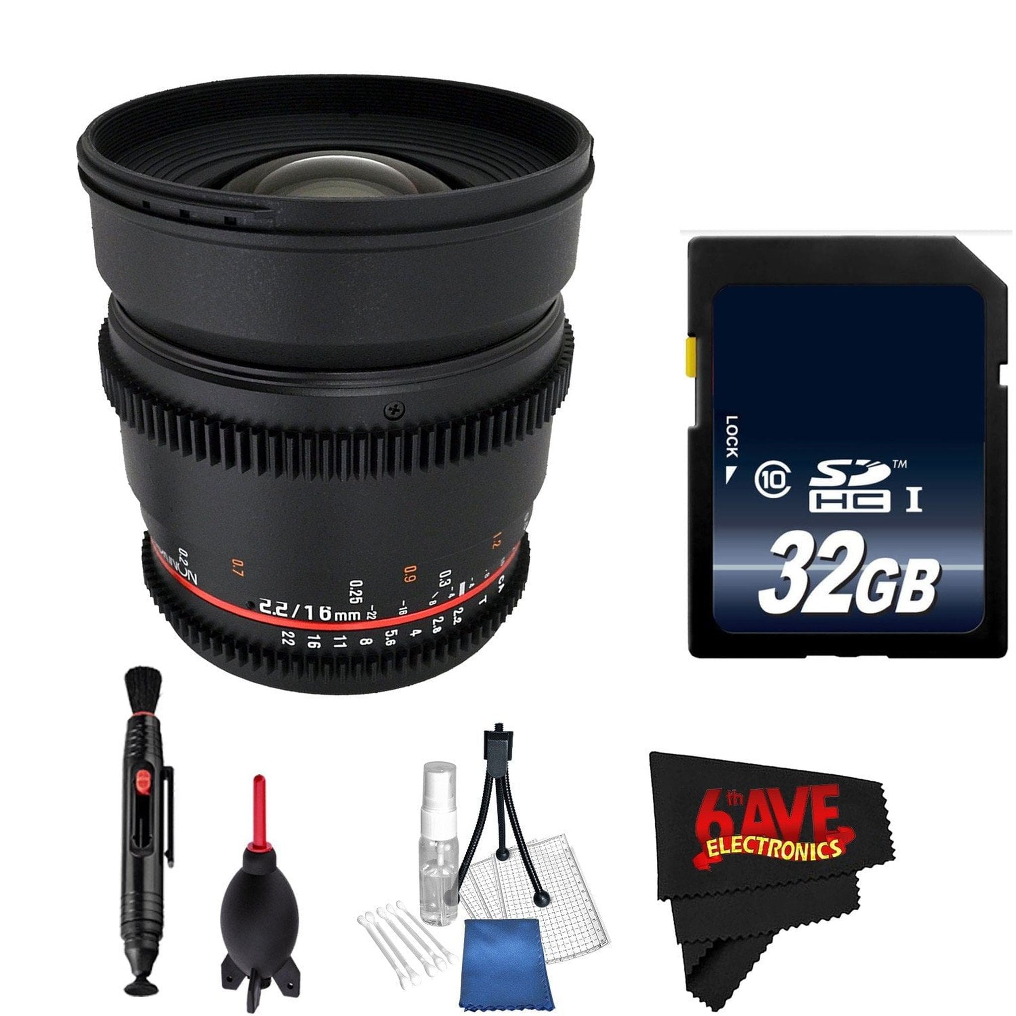 Rokinon 16mm T2.2 Cine Lens for Nikon F # CV16M-N + MicroFiber Cloth + Lens Pen Cleaner + 32GB SDHC Memory Card Bundle Rokinon