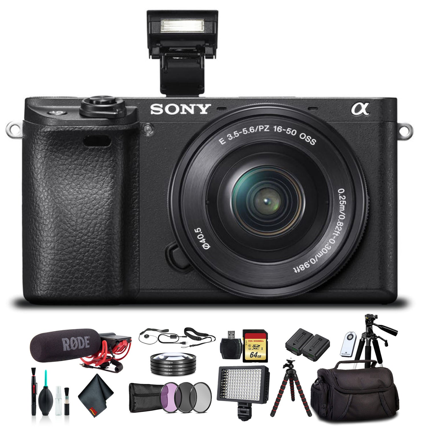 Sony Alpha a6300 Mirrorless Camera with 16-50mm Lens Black ILCE6300L/B With Soft Bag, Tripod, Additional Battery, Rode Mic, LED Light, 64GB Memory Card, Card Reader , Plus Essential Accessories Sony