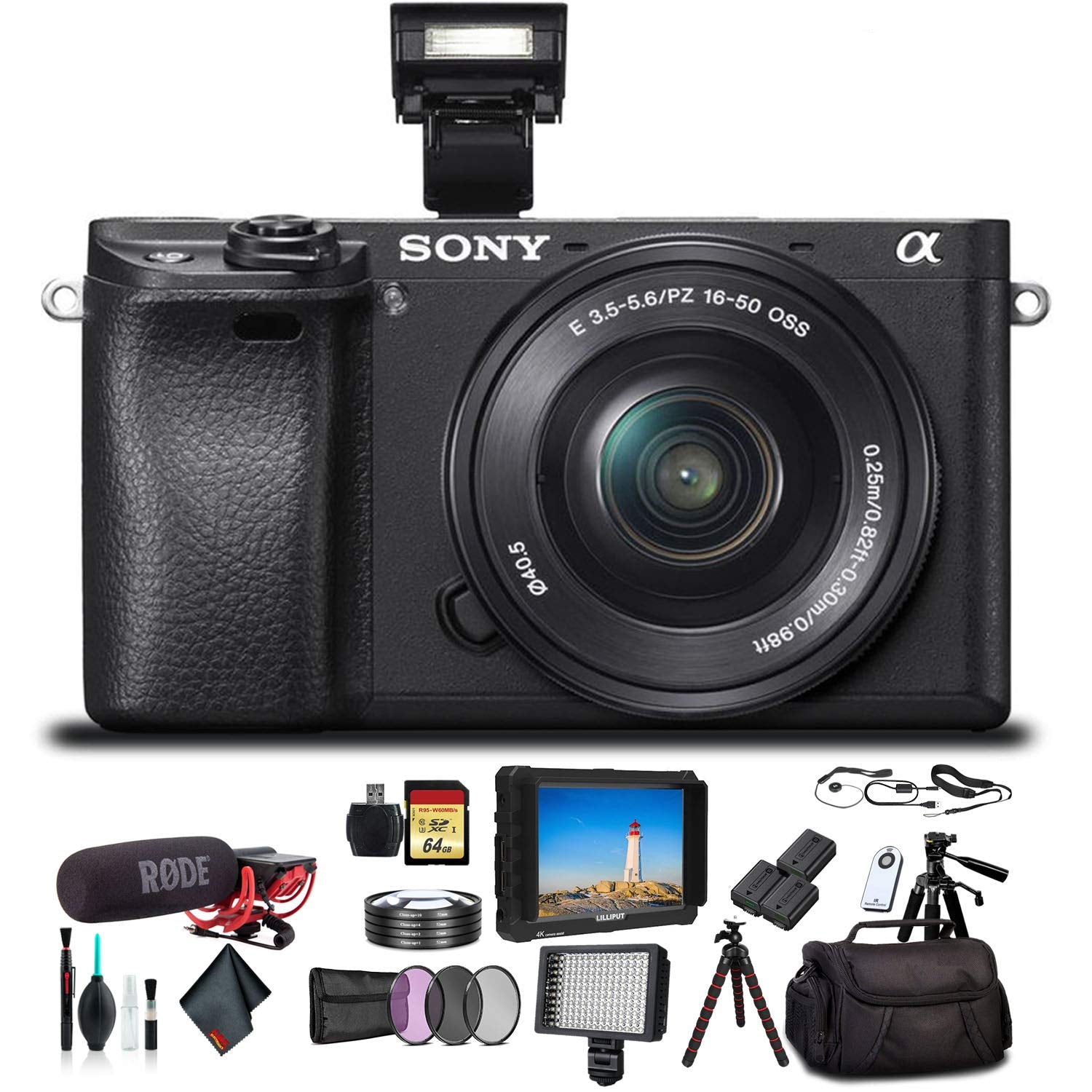 Sony Alpha a6300 Mirrorless Camera with 16-50mm Lens Black ILCE6300L/B With Bag, Filters, 2x Extra Batteries, Rode Mic, LED Light, External HD Monitor, 2x 64GB Cards, , Plus Essential Accessories Sony